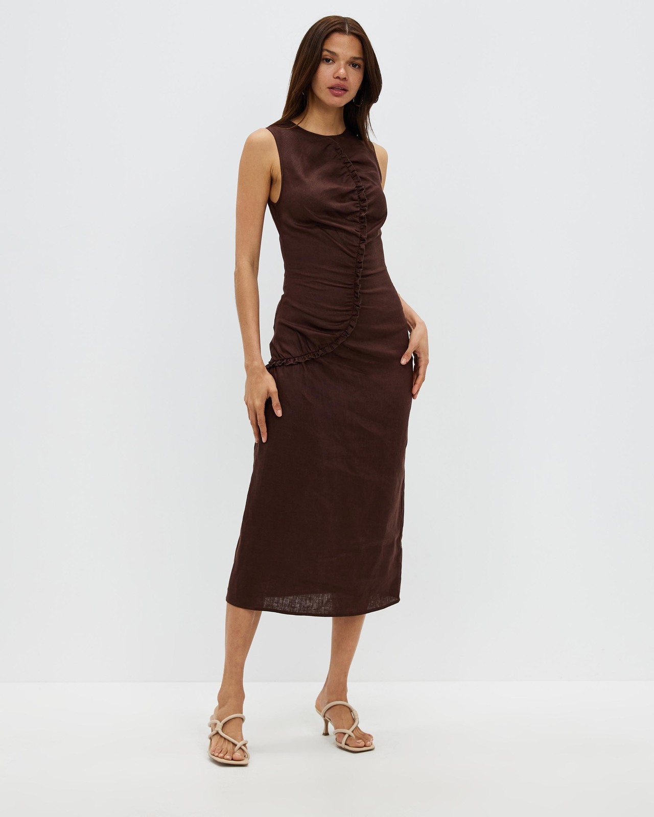 knee length dresses for ladies Amara Ruched Midi Linen Dress in Noir Black