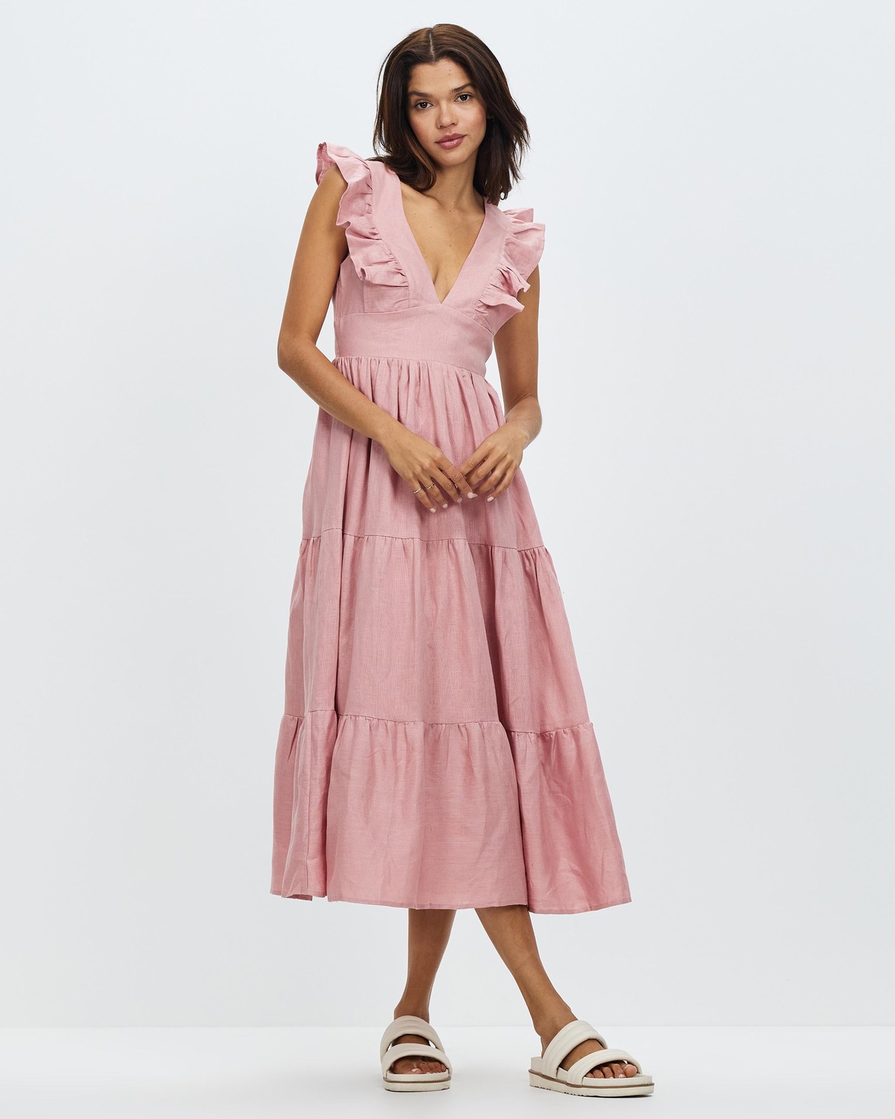 chinese dress ladies V Neck Printed Linen Dress with Frill Sleeve – The Augusta Clothing Company main image 0
