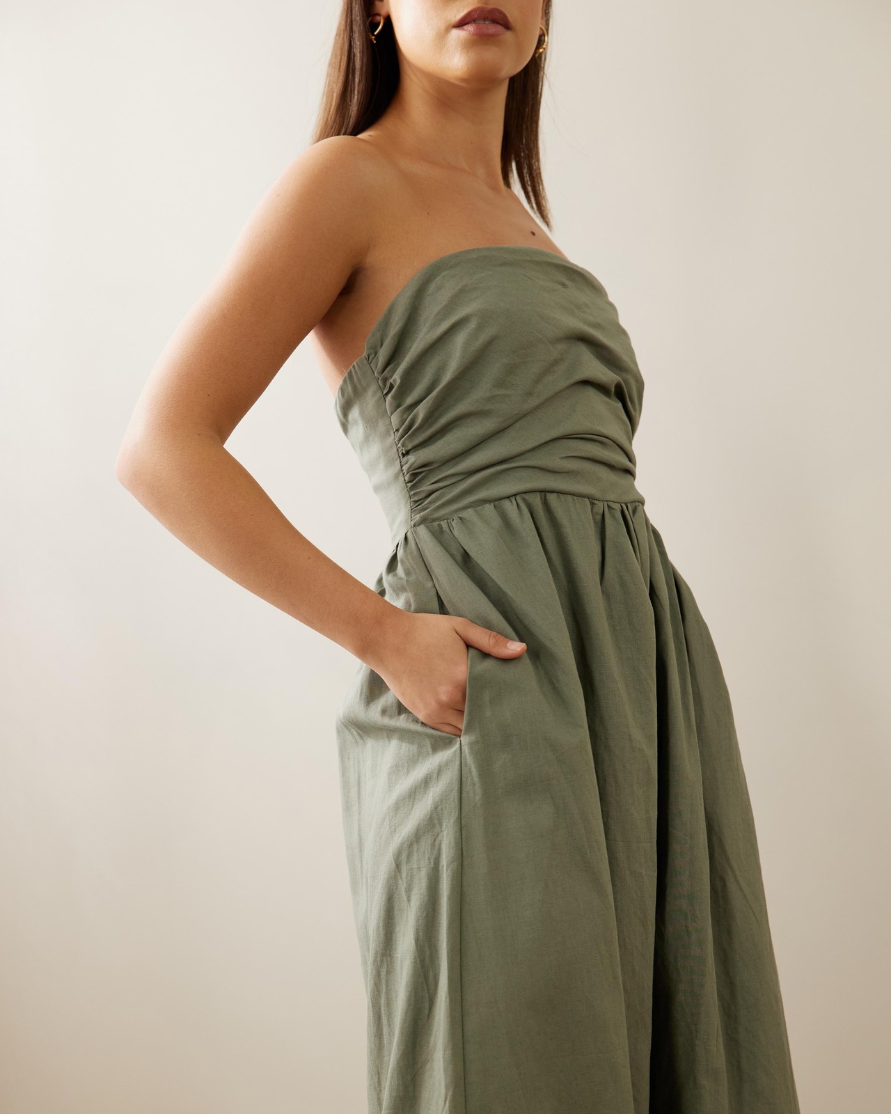 Flur Linen Blend Gathered Strapless Midi Dress