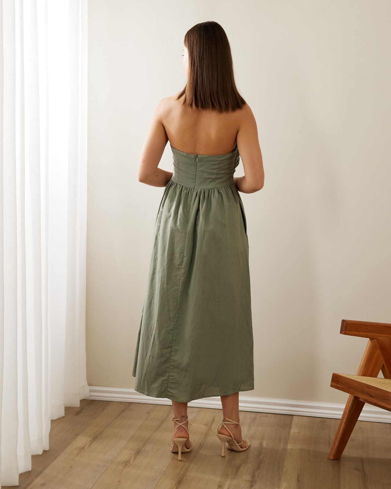 Flur Linen Blend Gathered Strapless Midi Dress