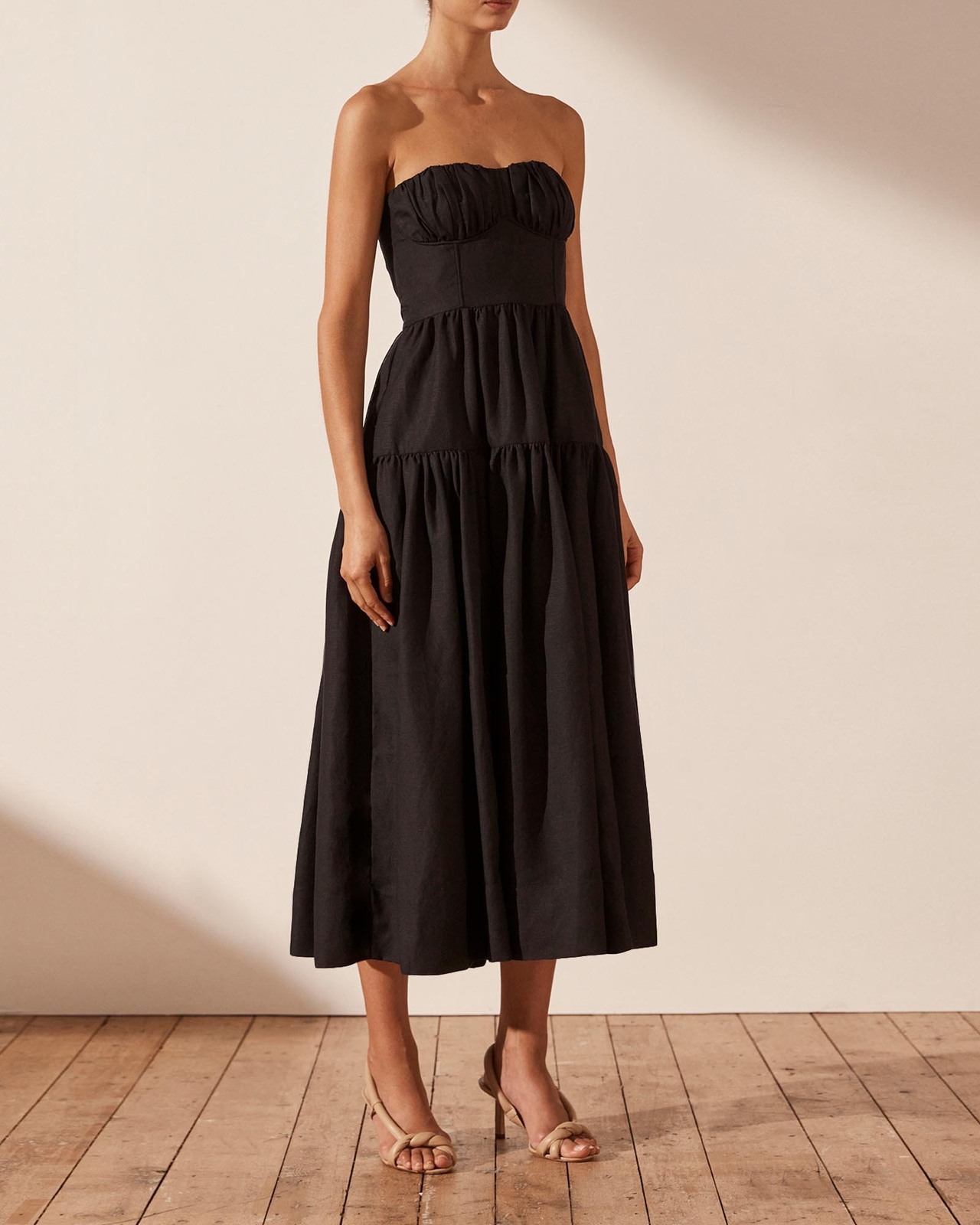knee length dresses for ladies Shona Joy La Lune Strapless Ruched Bodice Maxi Dress in Slate