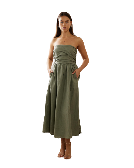 Flur Linen Blend Gathered Strapless Midi Dress
