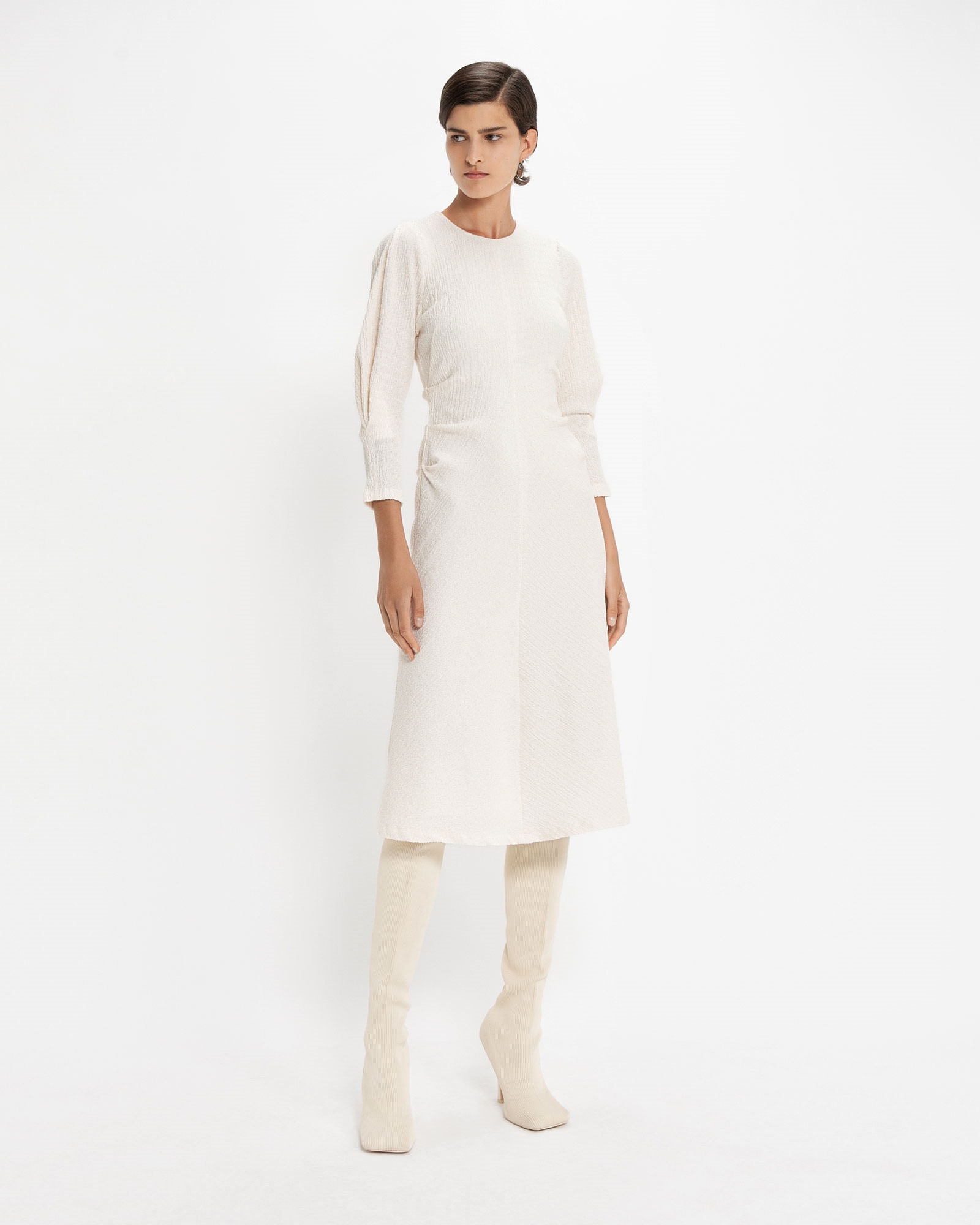 cue peplum dress CUE Long Sleeve Mini Dress | Peplum Waist, Stretch, V Neck, Zipper,