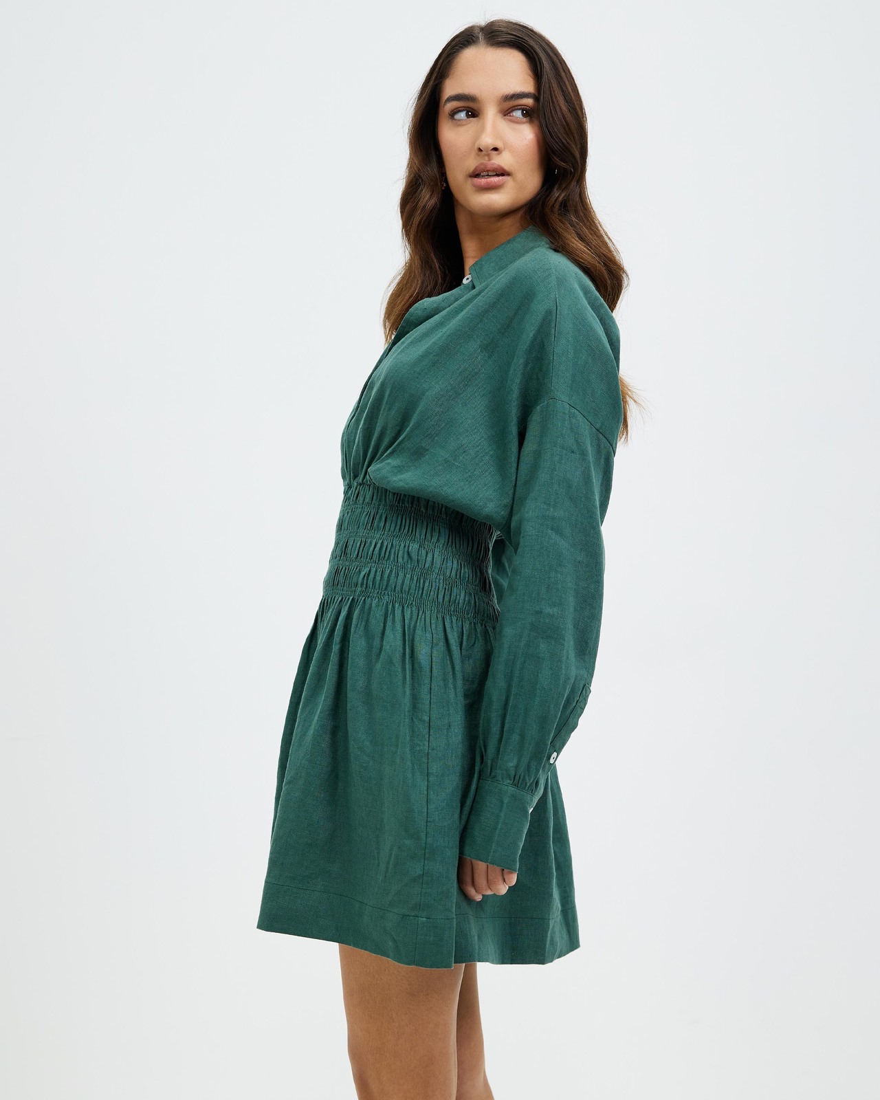 Linen Shirred Waist Mini Shirt Dress