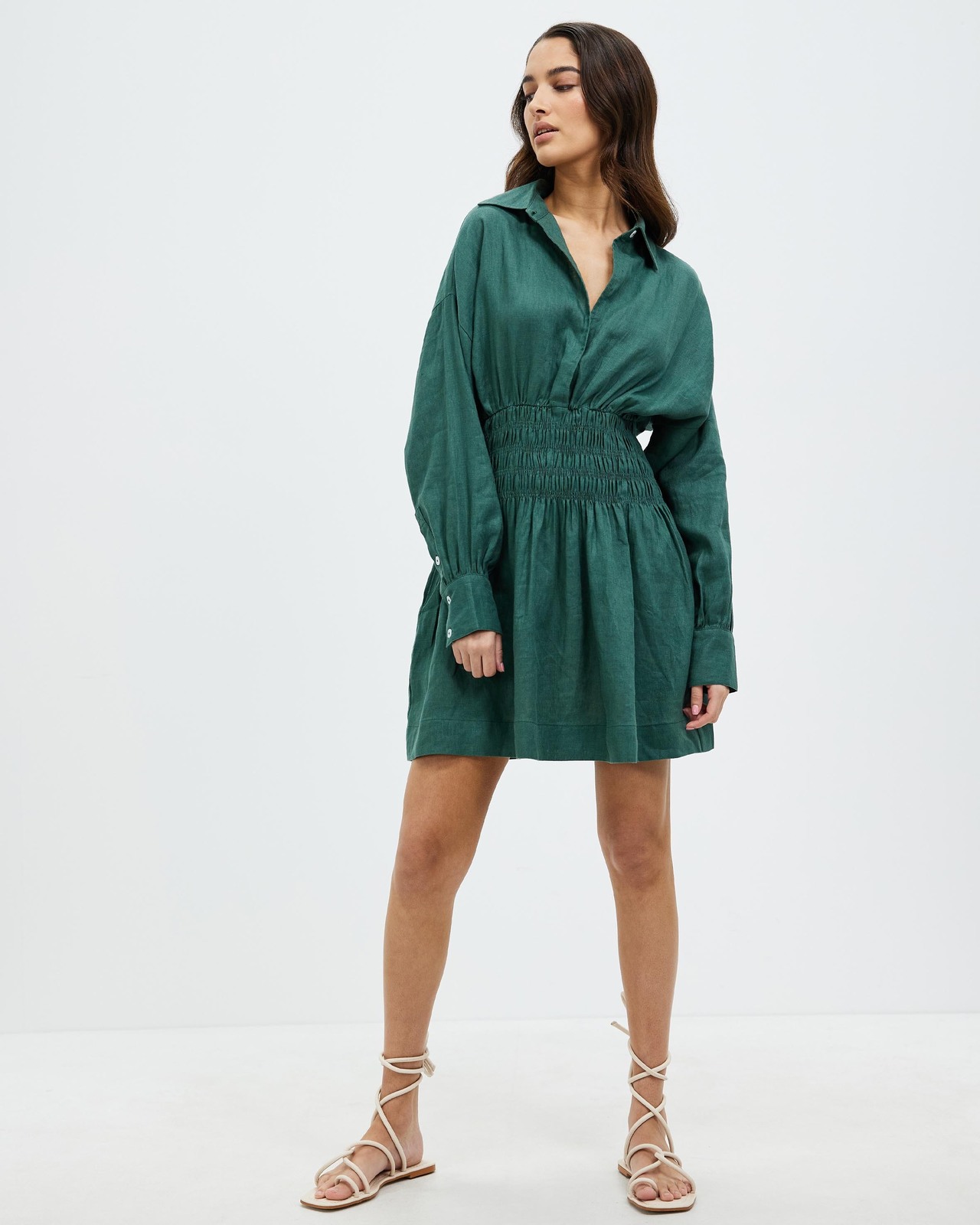 Linen Shirred Waist Mini Shirt Dress