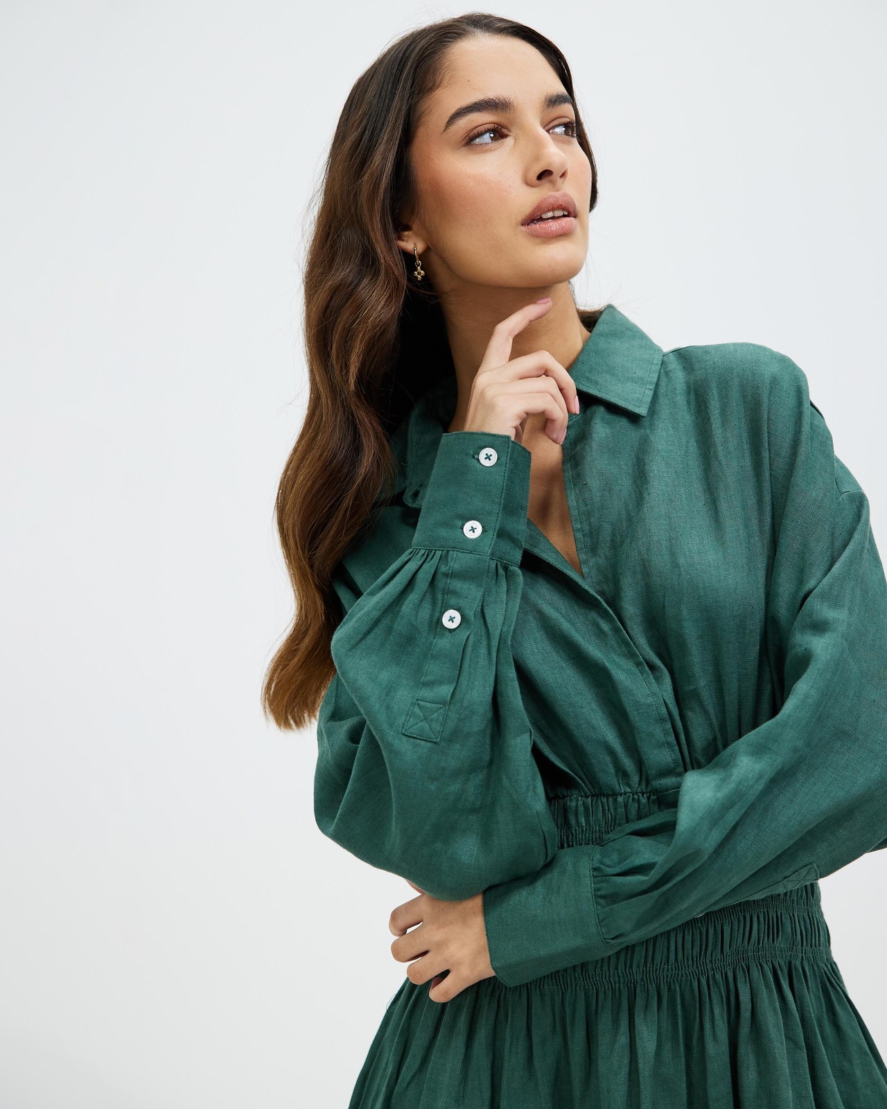 Linen Shirred Waist Mini Shirt Dress