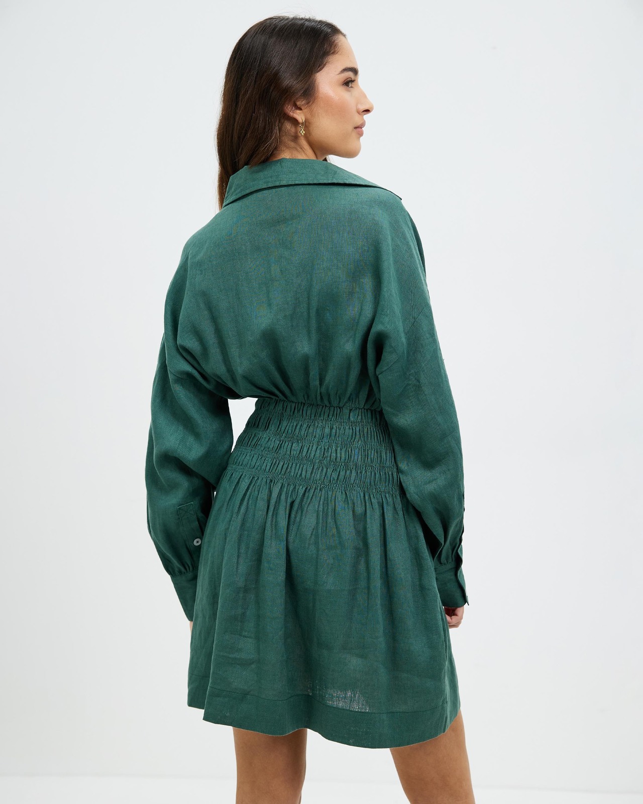 Linen Shirred Waist Mini Shirt Dress