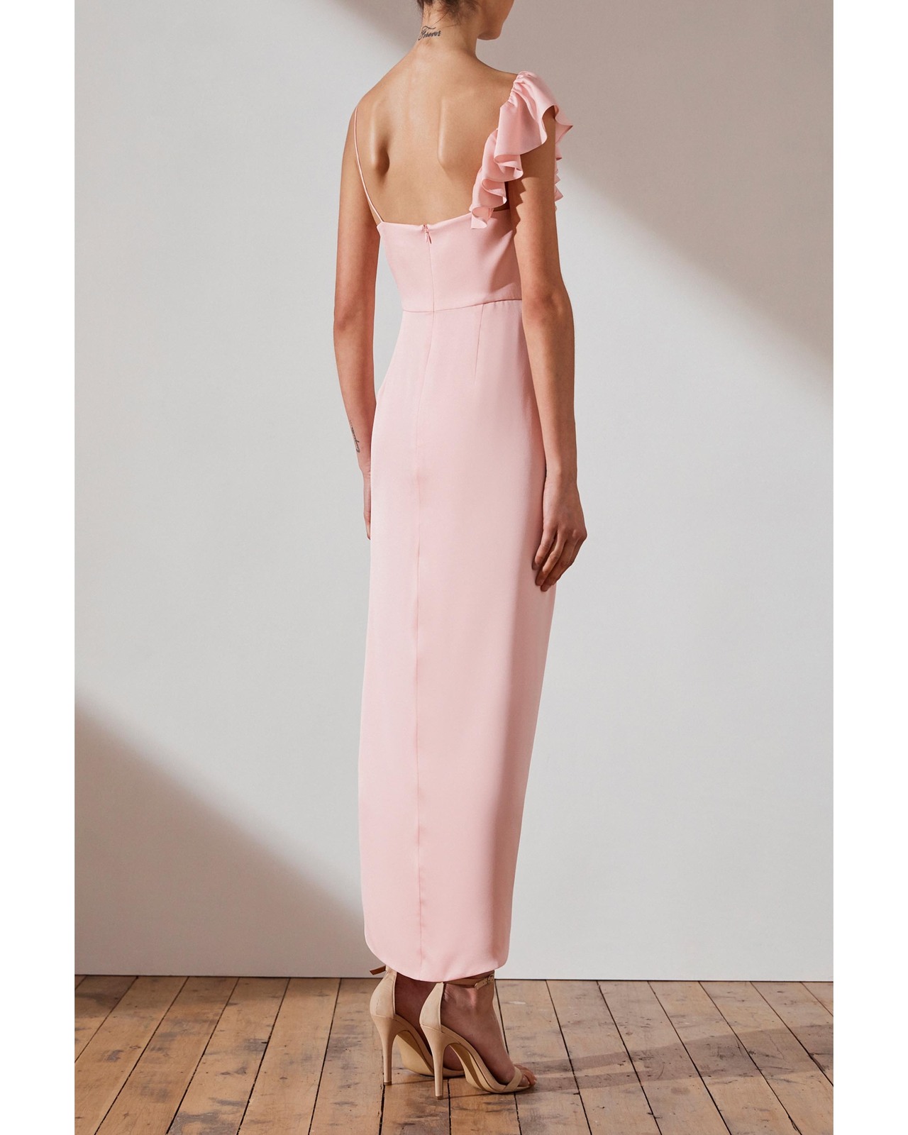 shona joy asymmetrical frill dress Shona Joy - La Lune Asymmetrical Gathered Maxi Dress - Forest