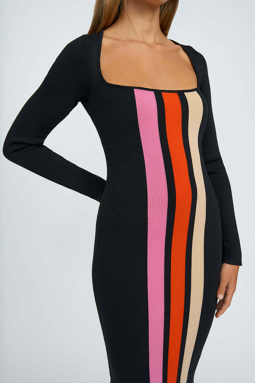 BY JOHNNY. Belt Stripe Knit Midi Dress - Black Pink Multi - AirRobe
