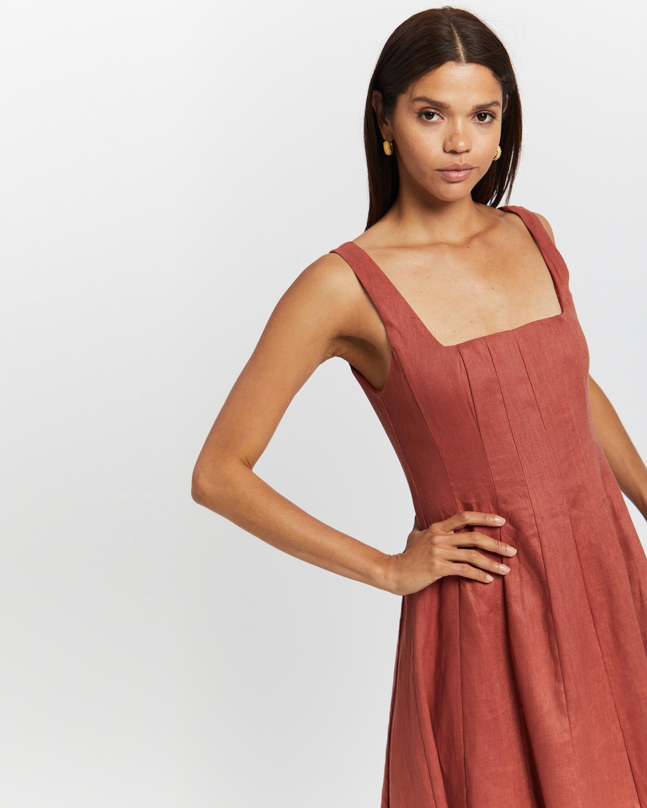 knee length dresses for ladies Square-Neck Bullhorn-Sleeve Boned Midi Dress Pink Punch / L