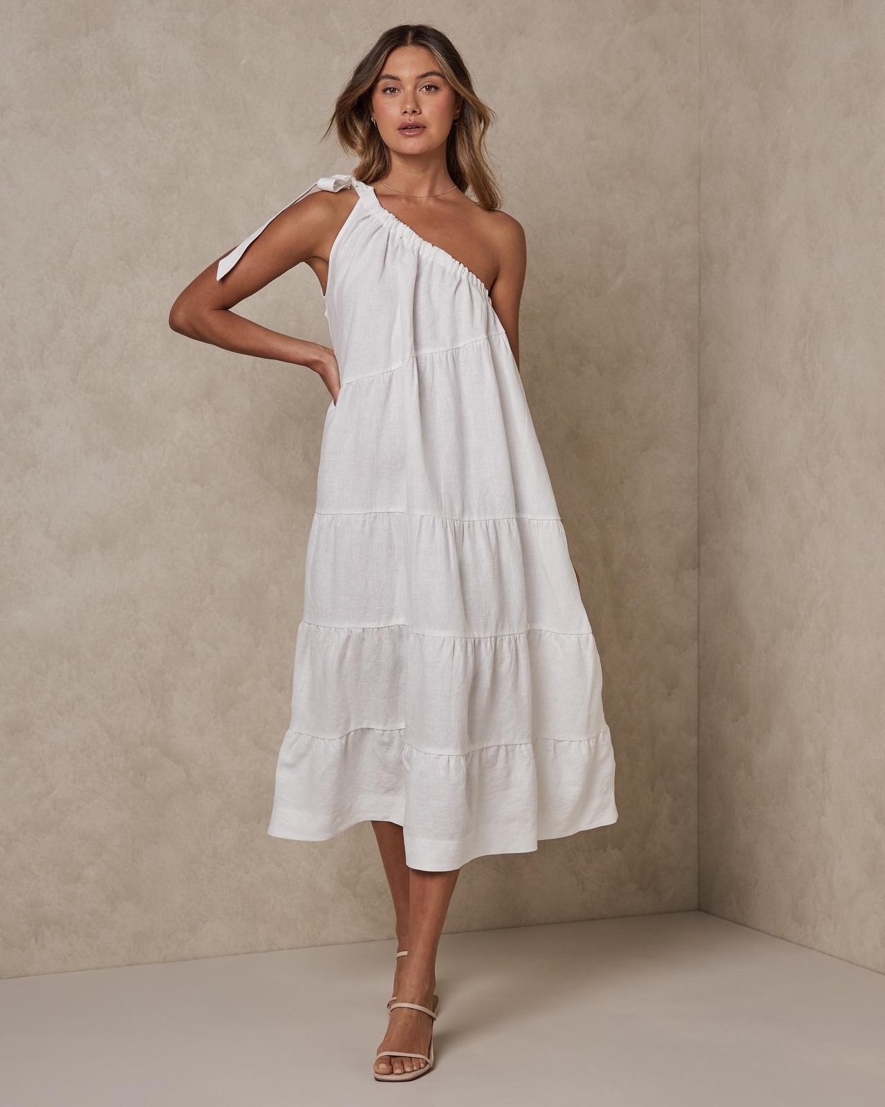 AERE One Shoulder Linen Trapeze Midi Dress AirRobe