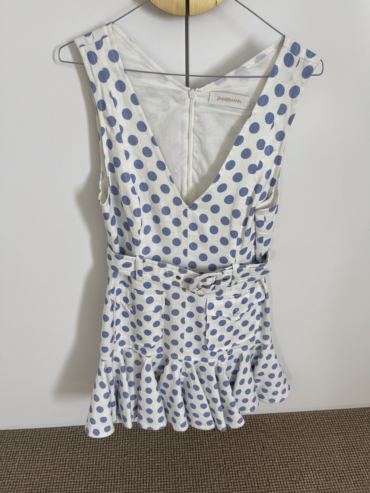 Suoer 8 mini dress in white linen, blue polka dots 