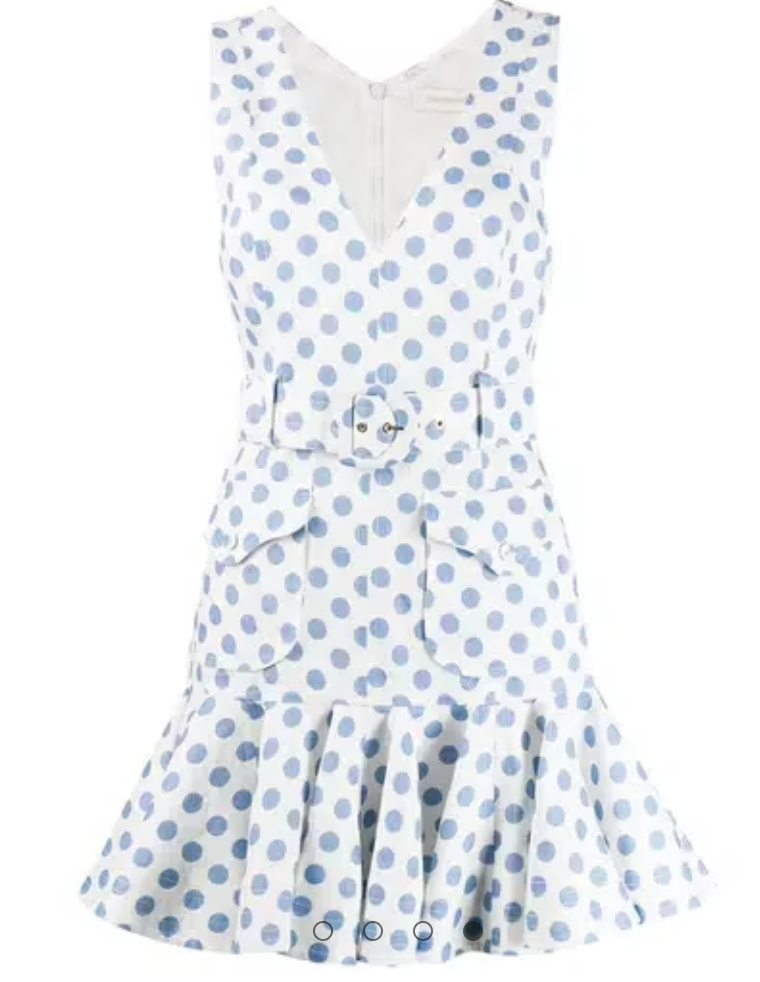 Suoer 8 mini dress in white linen, blue polka dots 