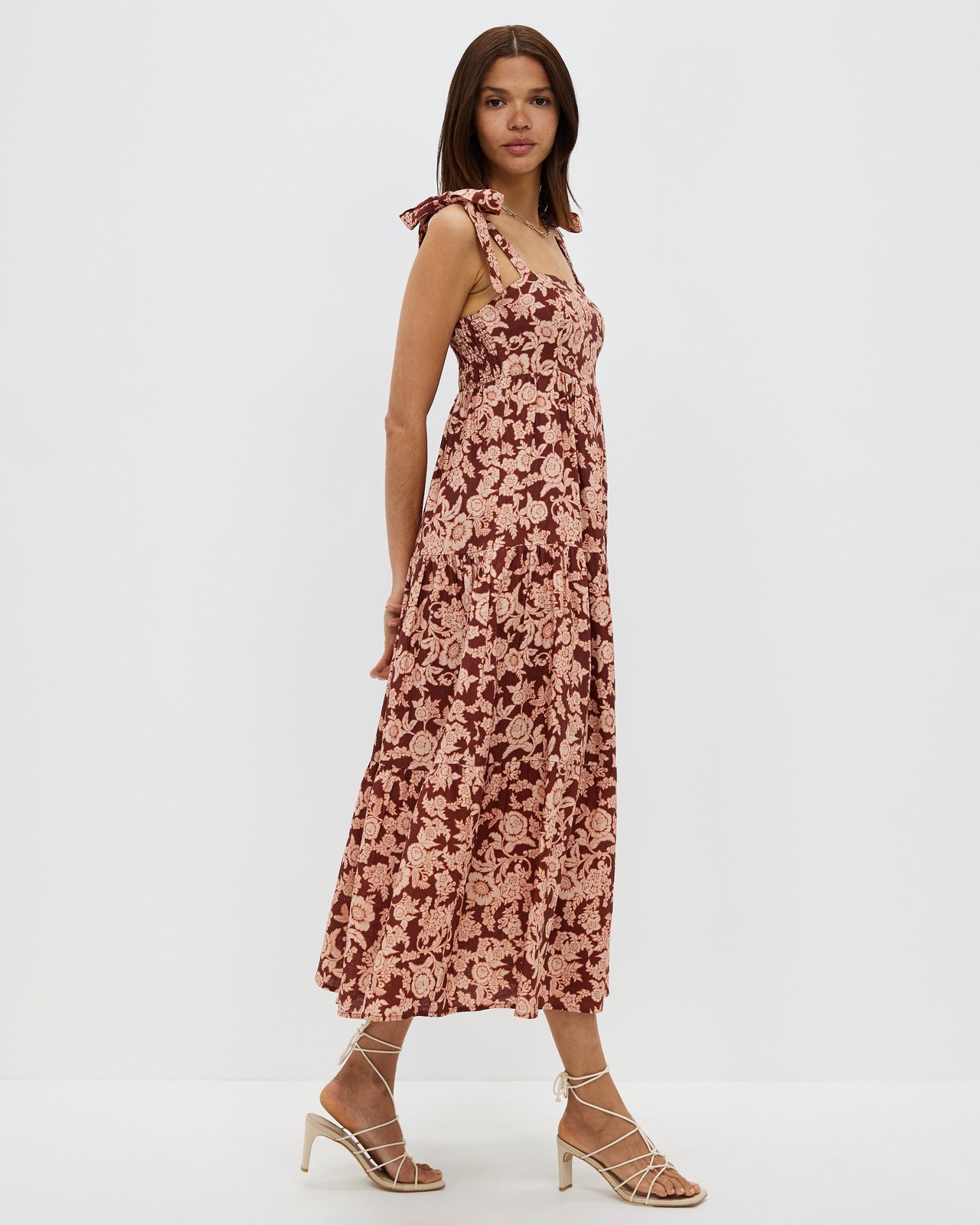 Linen Tie Strap Tiered Dress