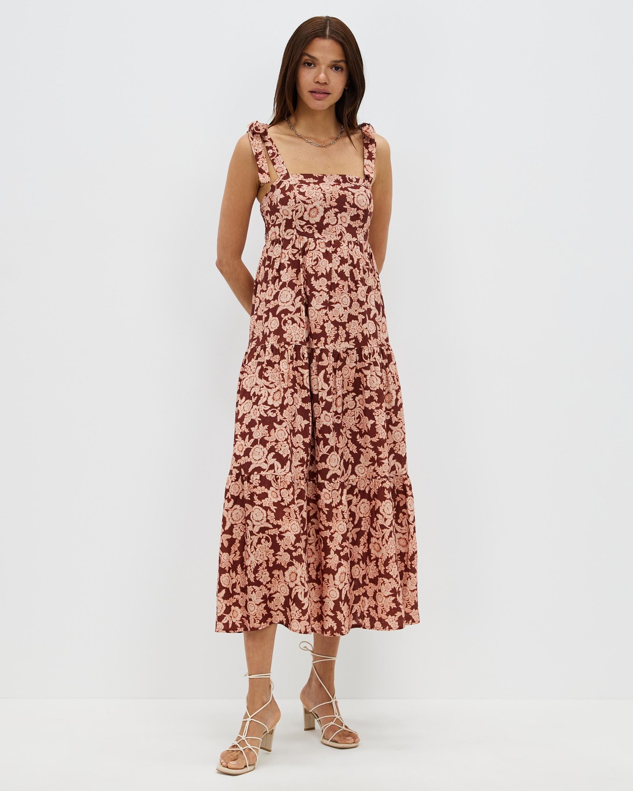 Linen Tie Strap Tiered Dress