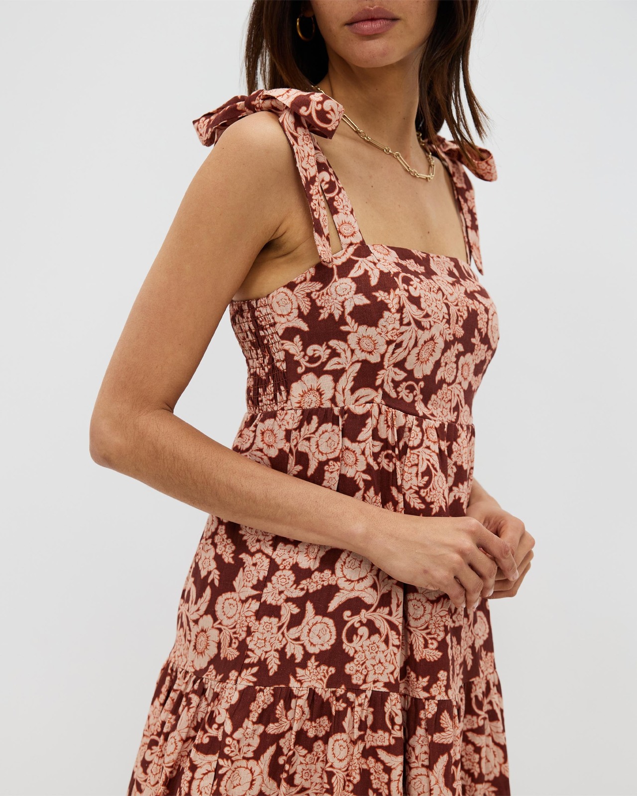 Linen Tie Strap Tiered Dress