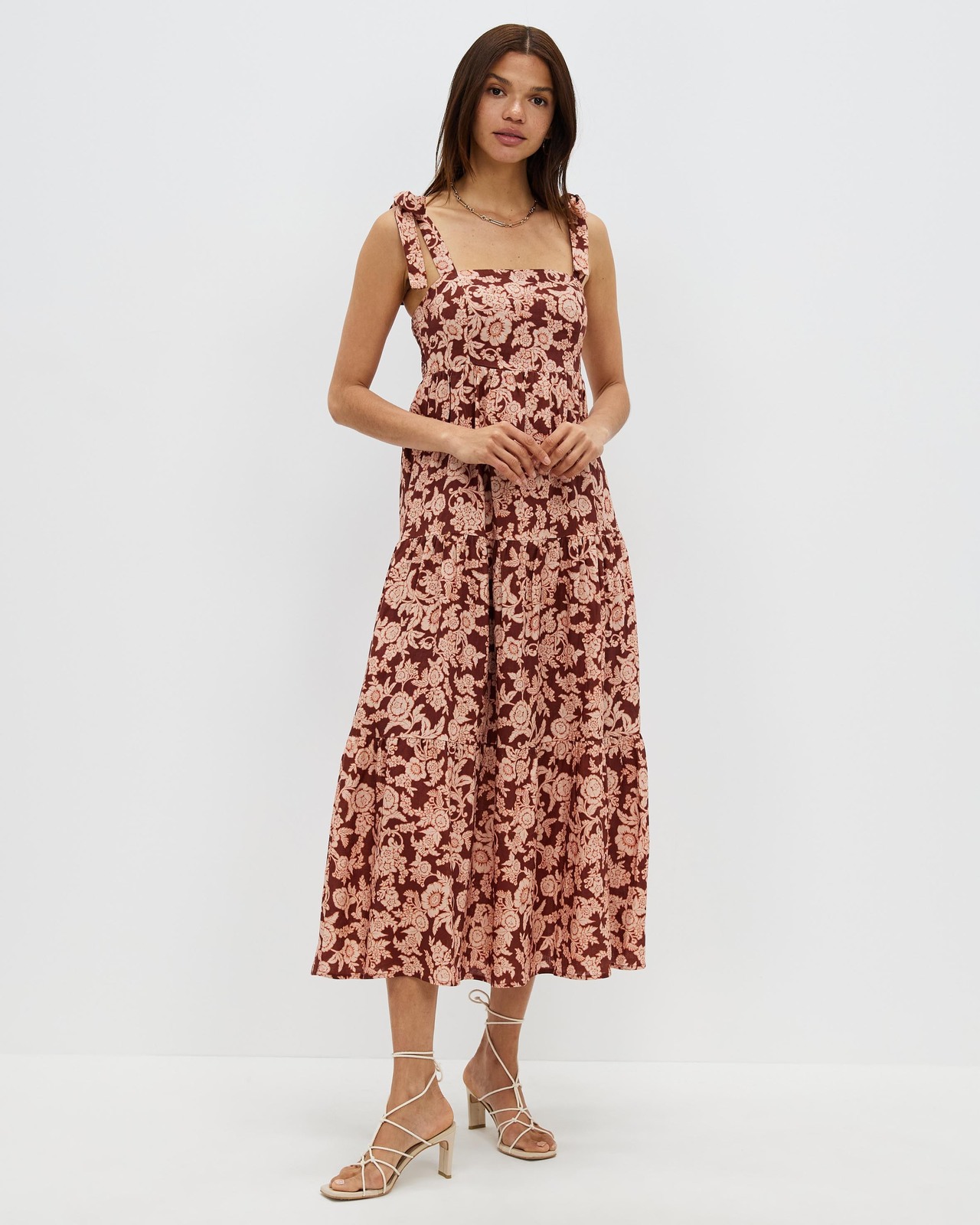 Linen Tie Strap Tiered Dress