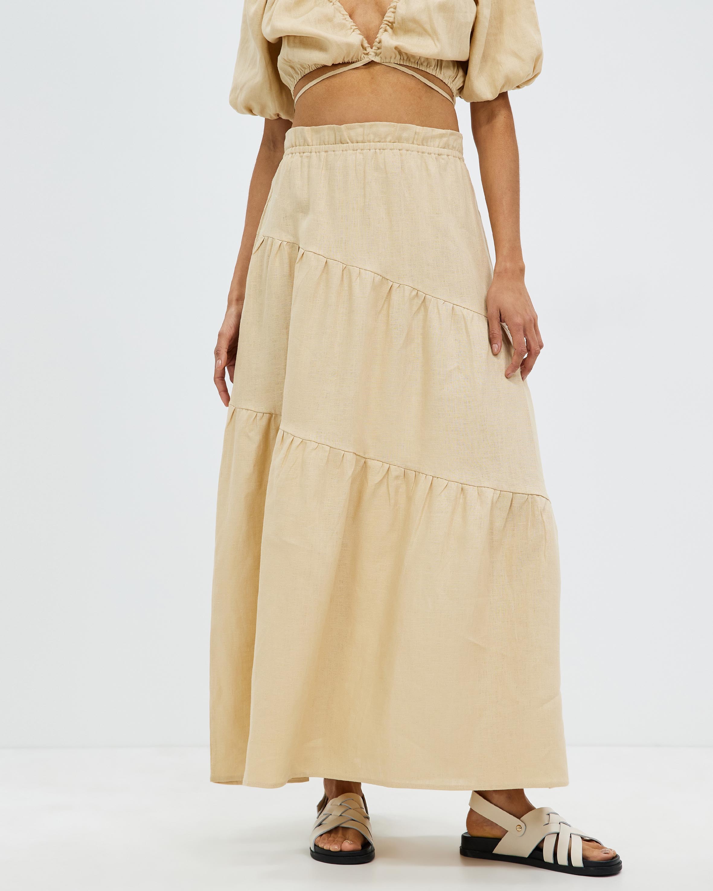AERE Asymmetric Tiered Linen Maxi Skirt - AirRobe
