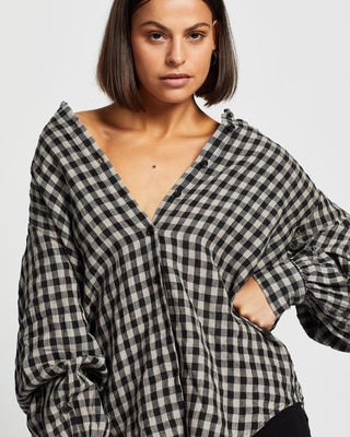 【COSYHARU】Madeleine Oversize Check Shirt AERE Oversized Linen Check Shirt - AirRobe