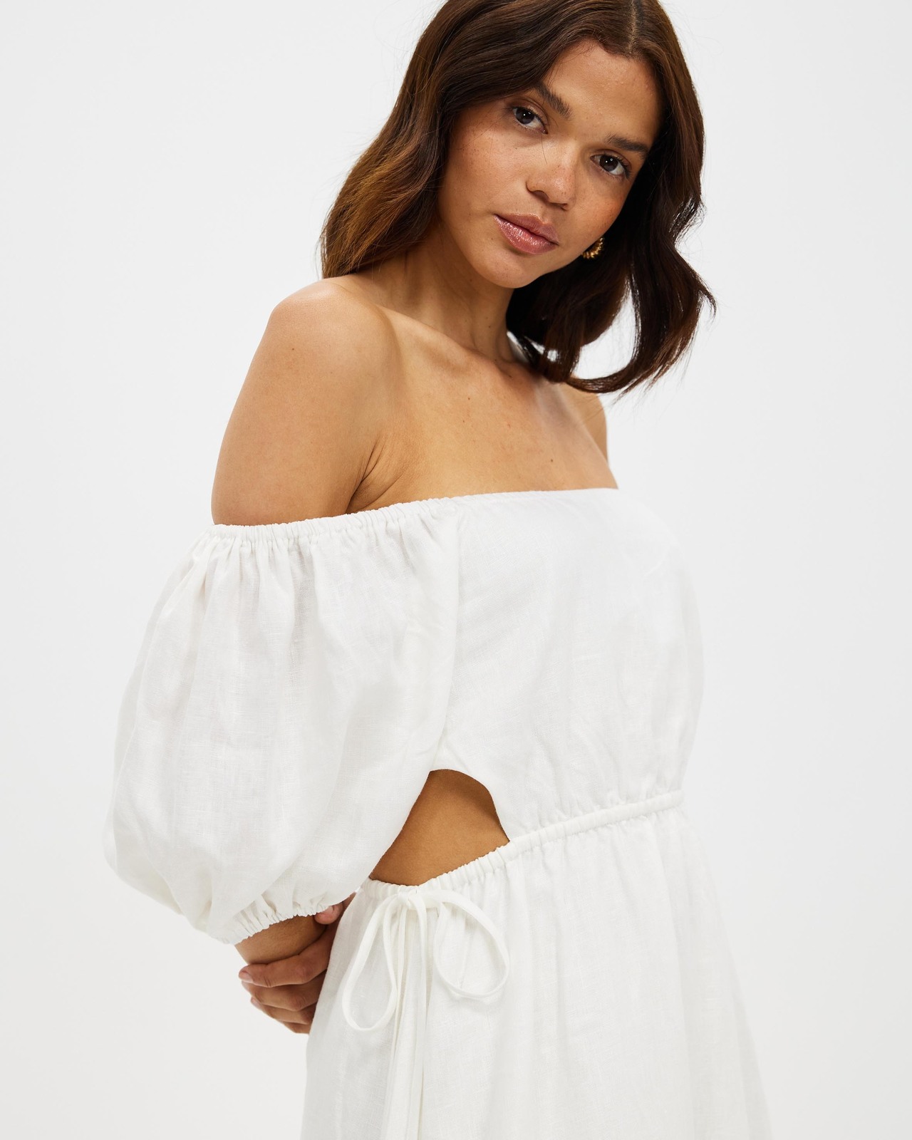 Off Shoulder Tie Side Linen Dress