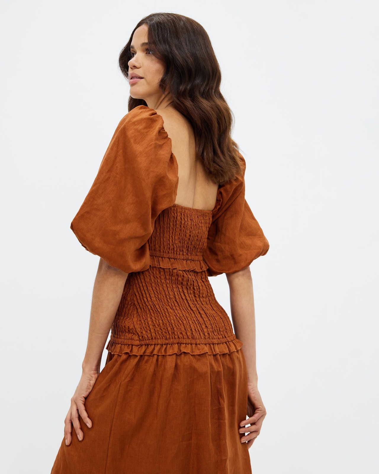 Shirred Linen Puff Sleeve Midi Dress