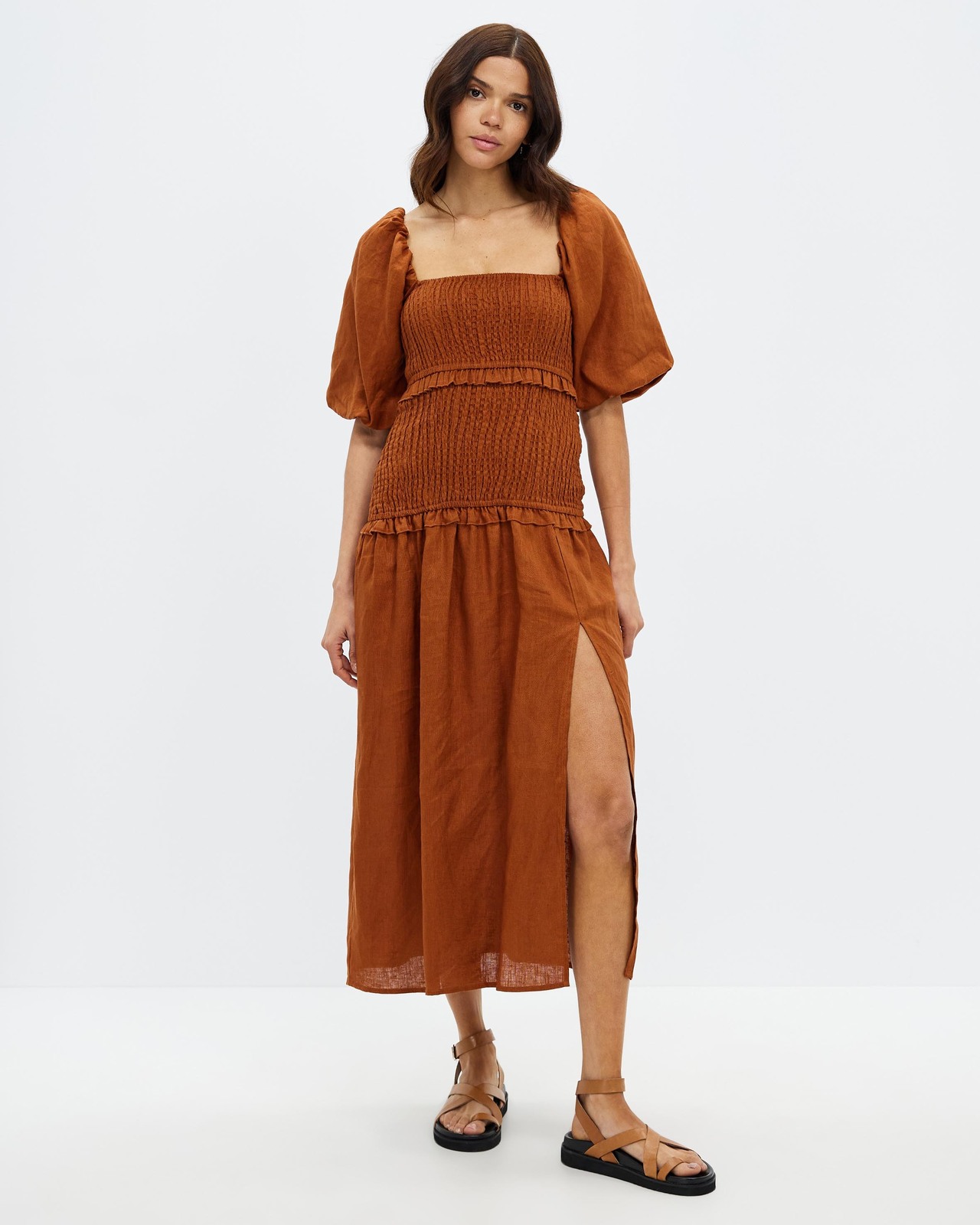 Shirred Linen Puff Sleeve Midi Dress