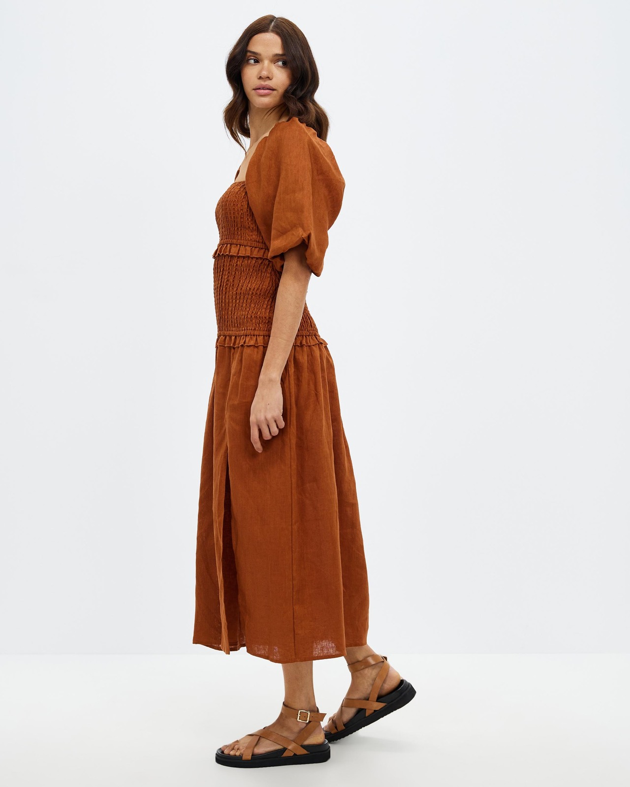 Shirred Linen Puff Sleeve Midi Dress