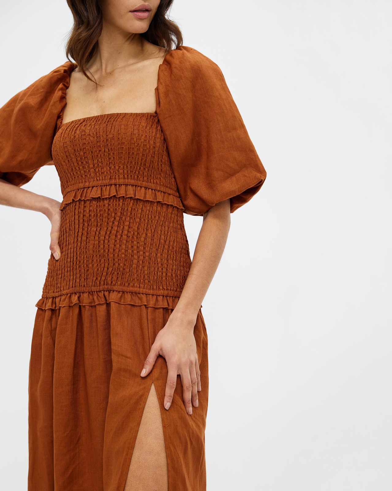 Shirred Linen Puff Sleeve Midi Dress