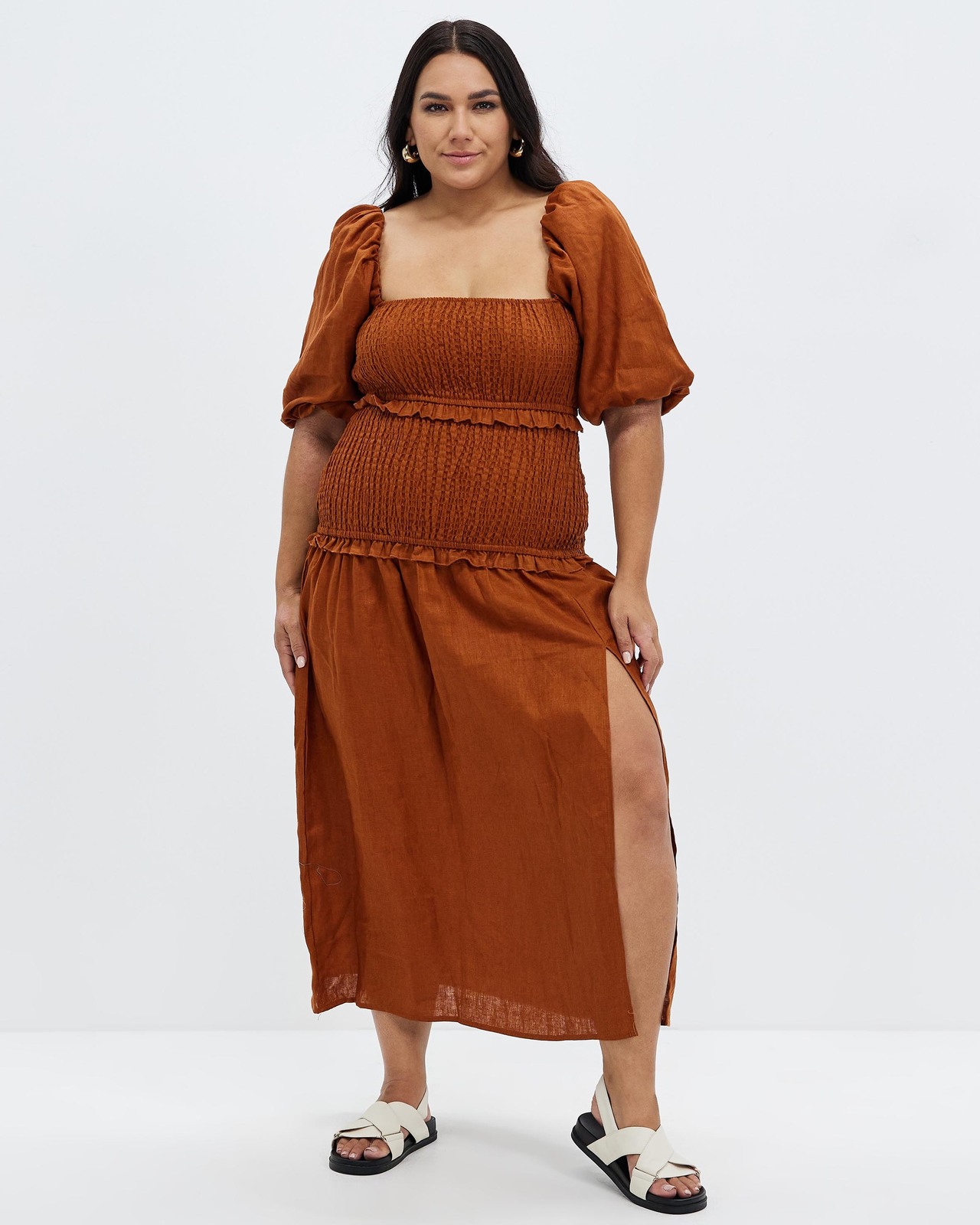 Shirred Linen Puff Sleeve Midi Dress