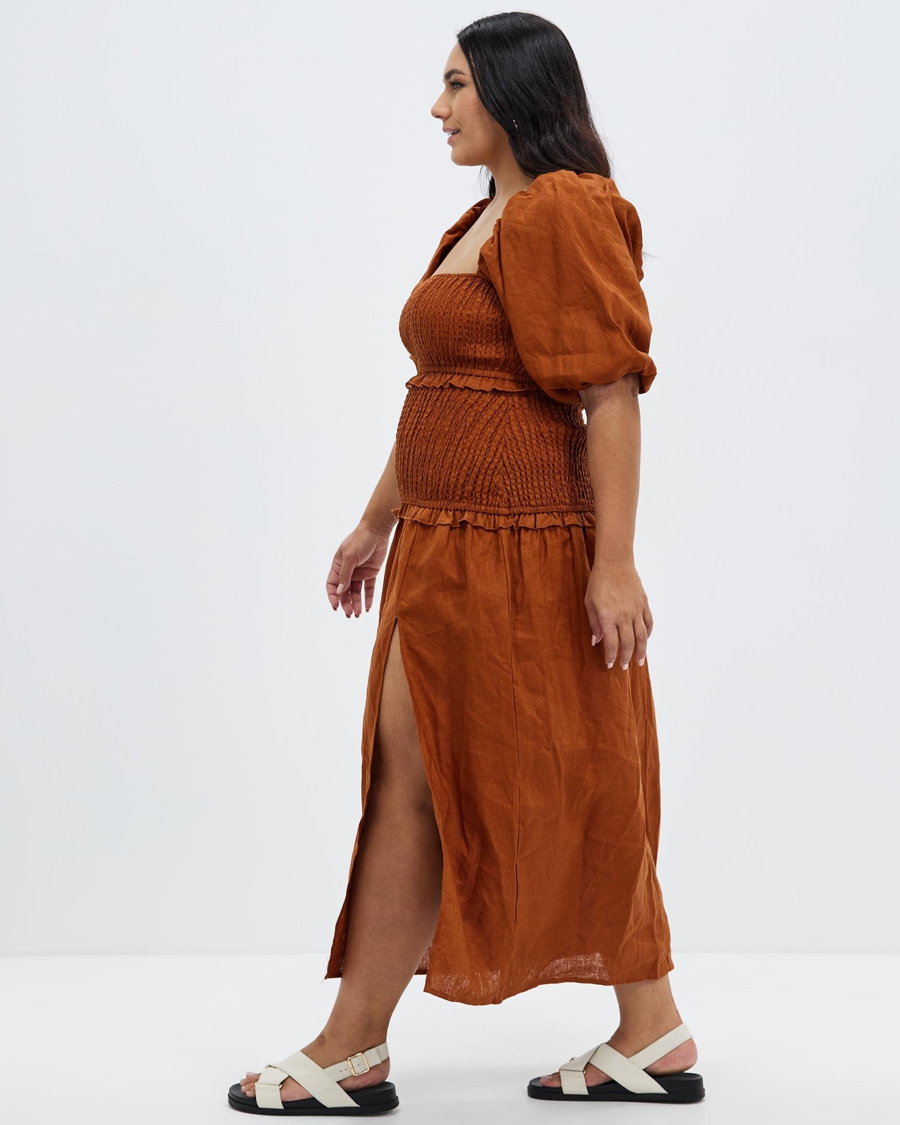 Shirred Linen Puff Sleeve Midi Dress