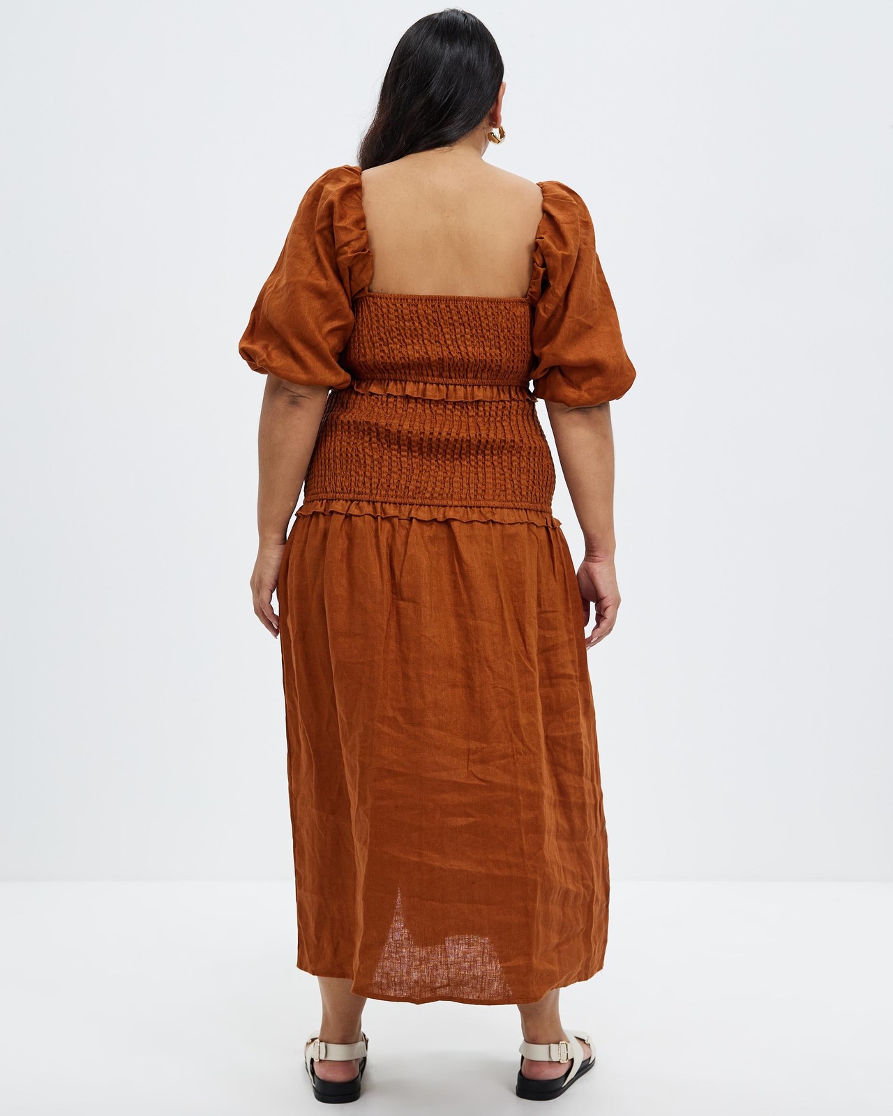Shirred Linen Puff Sleeve Midi Dress