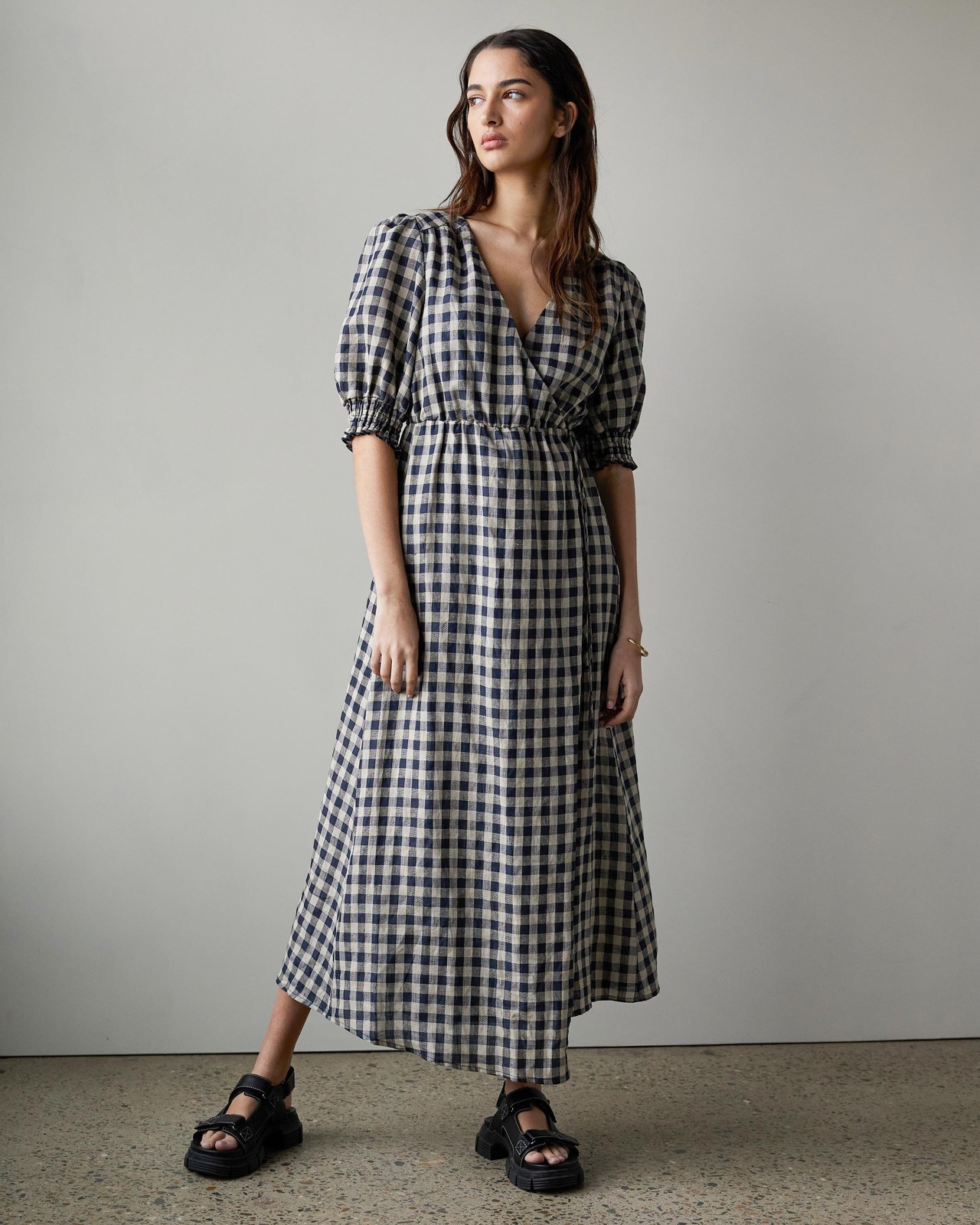 slim fit dress slacks Buttoned Greige Check Linen Dress – grizas.com