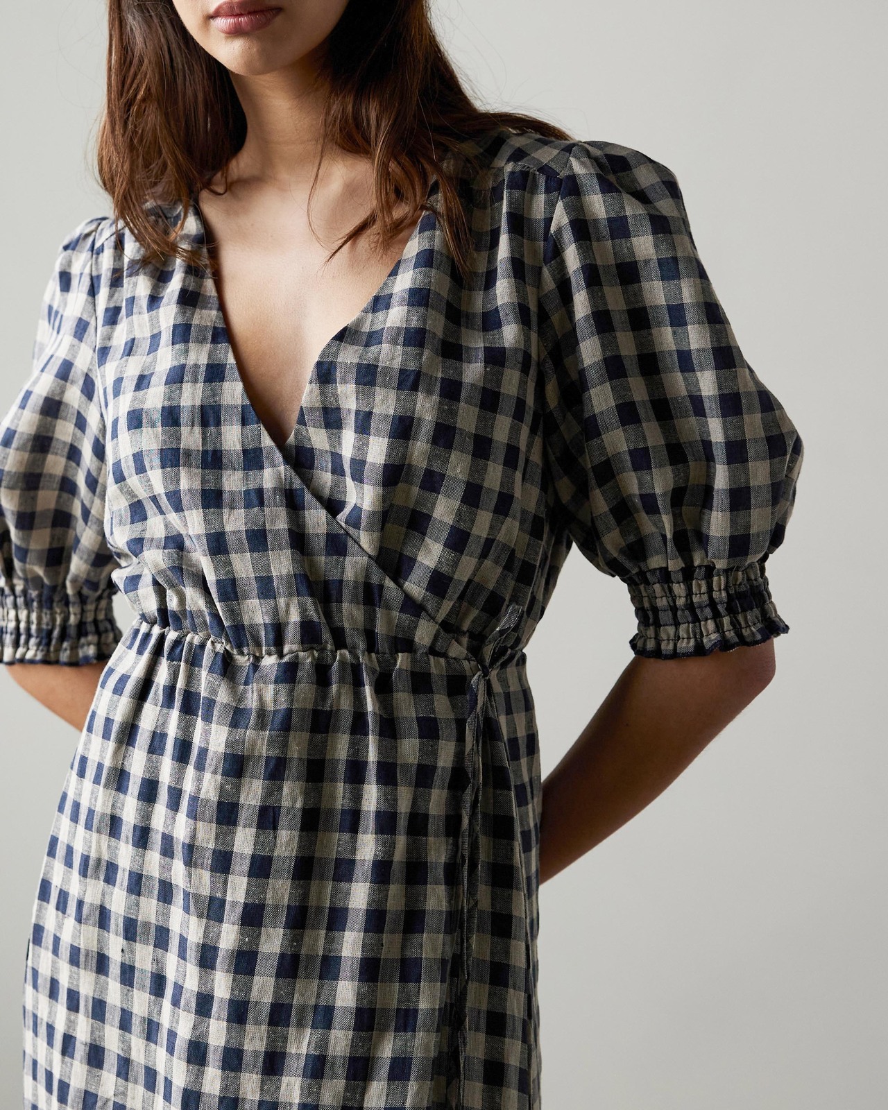 AERE Checked Linen Wrap Dress AERE Checked Linen Wrap Dress