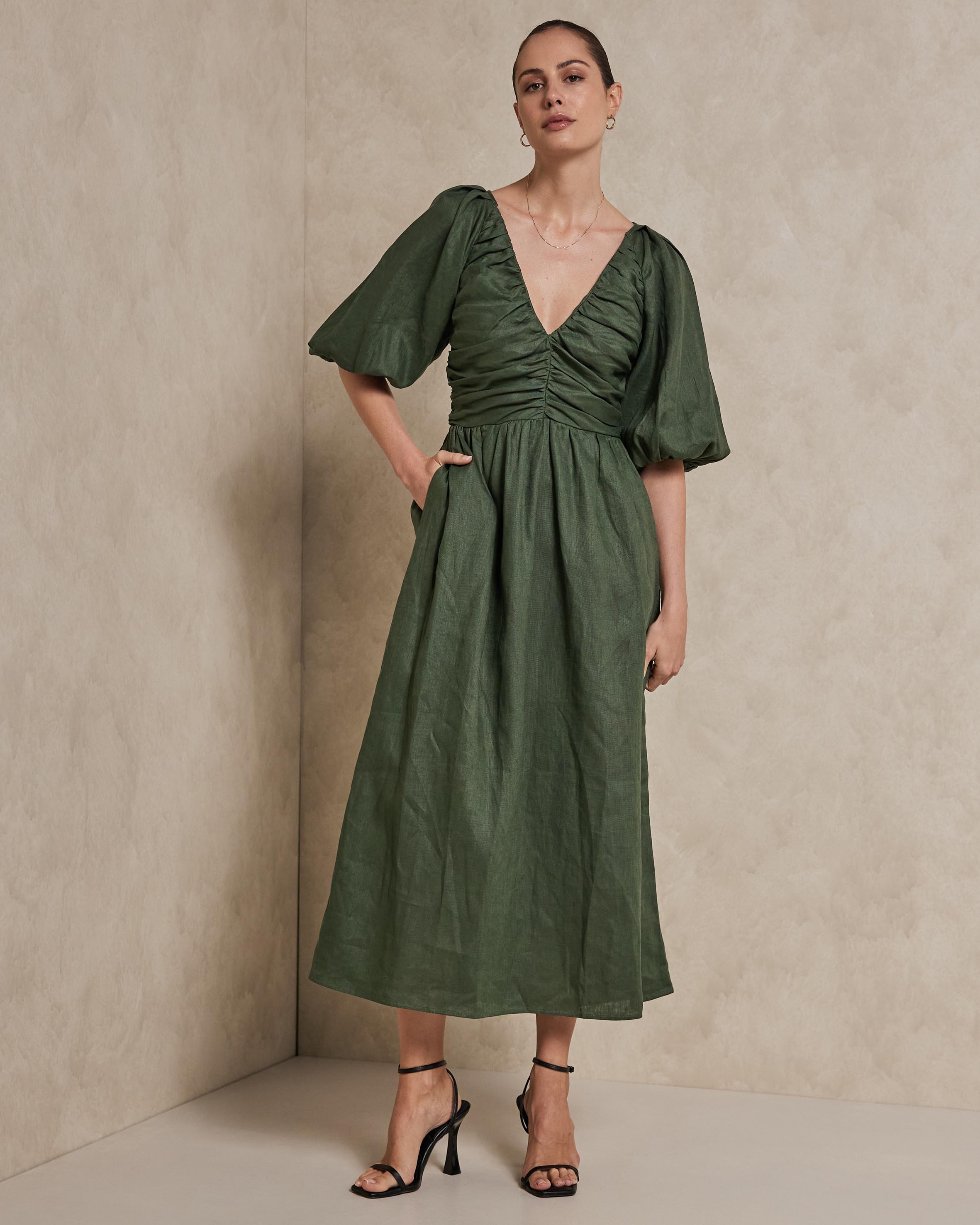 knee length dresses for ladies Amara Ruched Midi Linen Dress in Noir Black