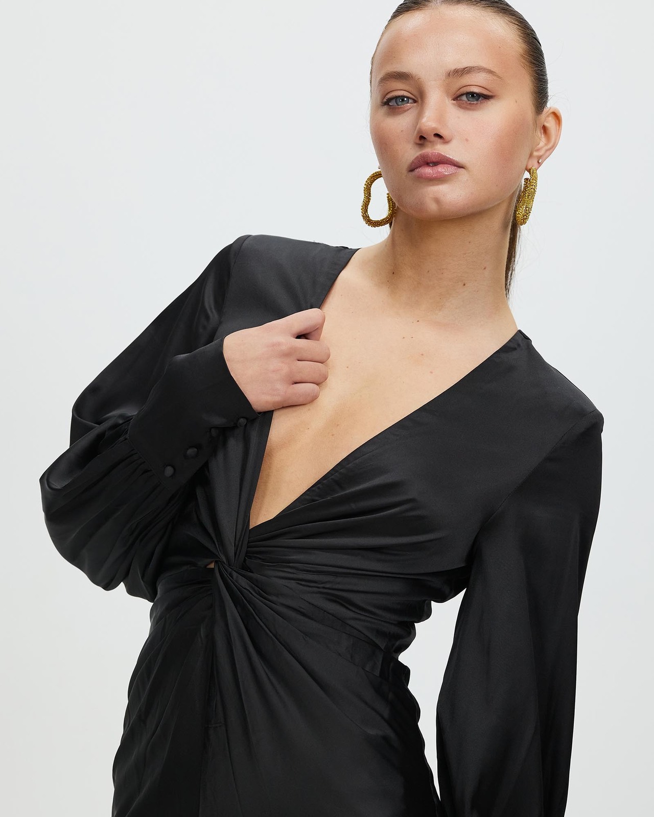 galia lahav black wedding dress RUNAWAY THE LABEL Black Floral Long Sleeve Wrap Front Mini Dress