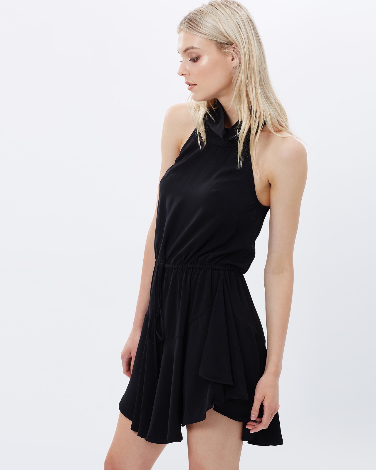High-Neck Drawstring Mini Dress
