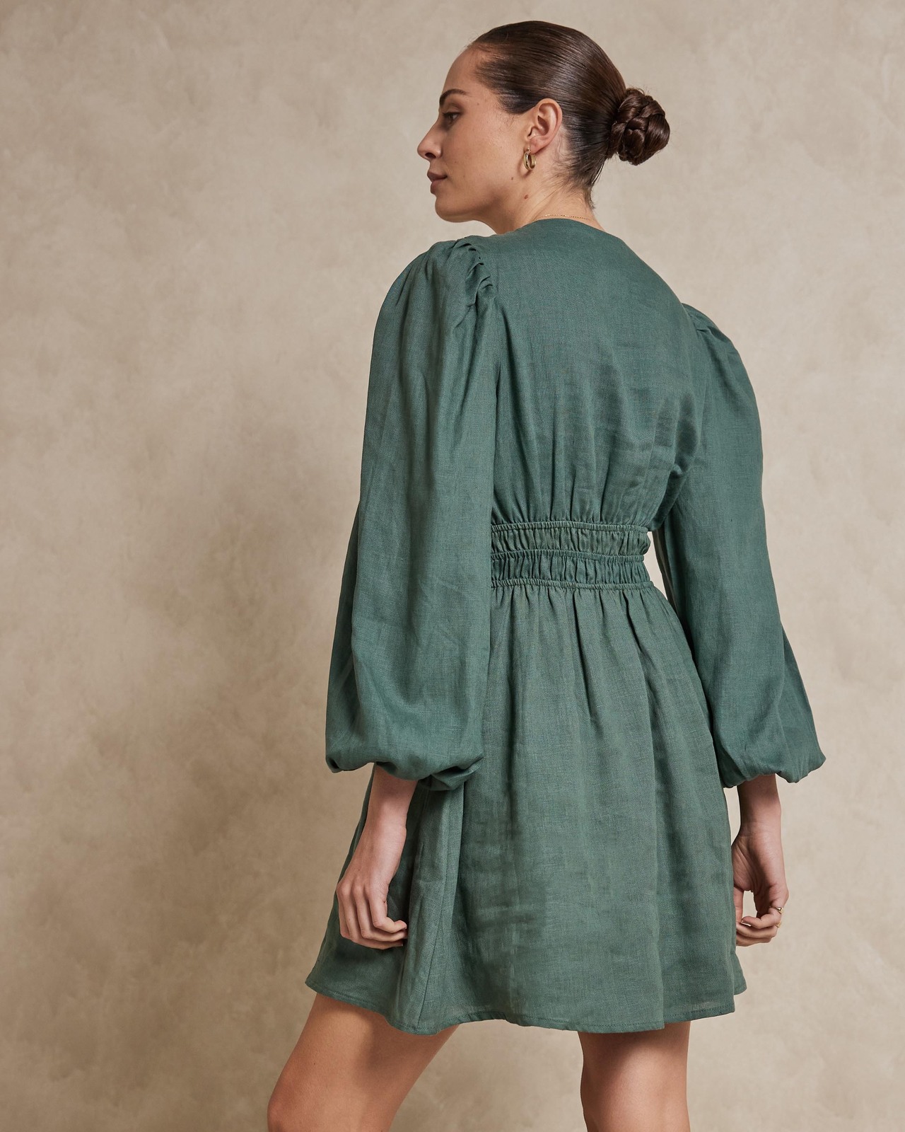 Shirred Waist Linen Mini Dress