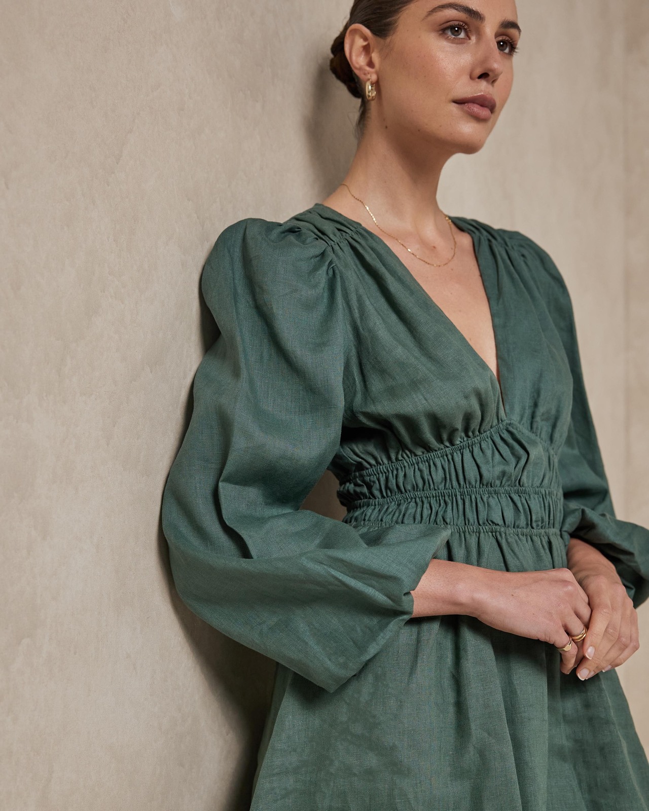 Shirred Waist Linen Mini Dress