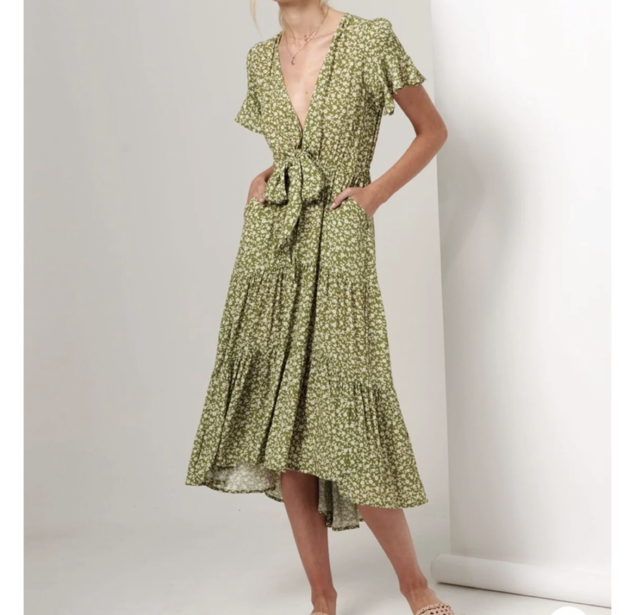 Kivari Gracie Floral Tie Front Maxi Dress Green Floral