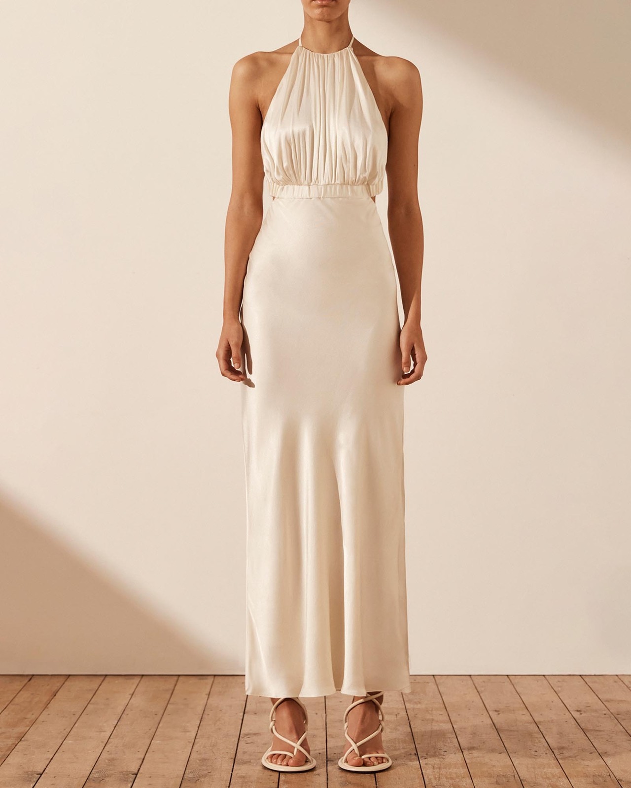 Milo Ruched Open Back Halter Midi Dress