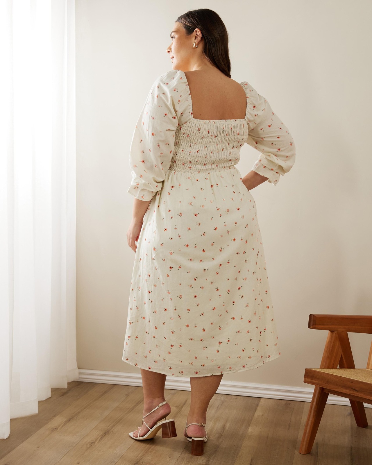 Tencel And Linen Blend Women Rose Print Midi Dress