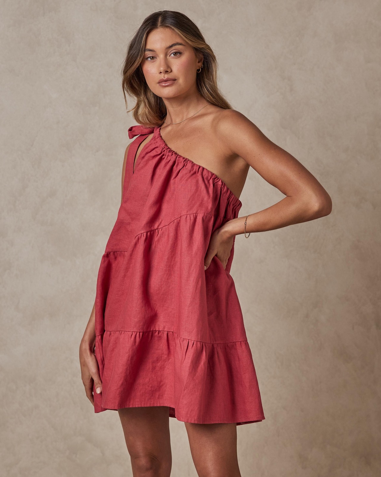 One Shoulder Linen Trapeze Mini Dress