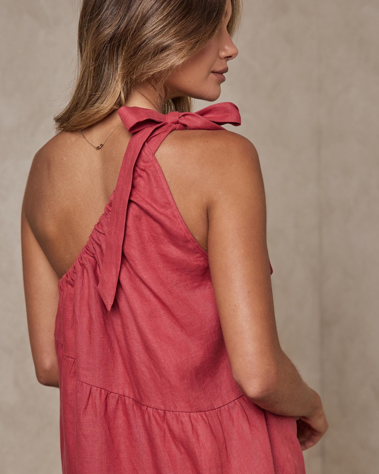 One Shoulder Linen Trapeze Mini Dress