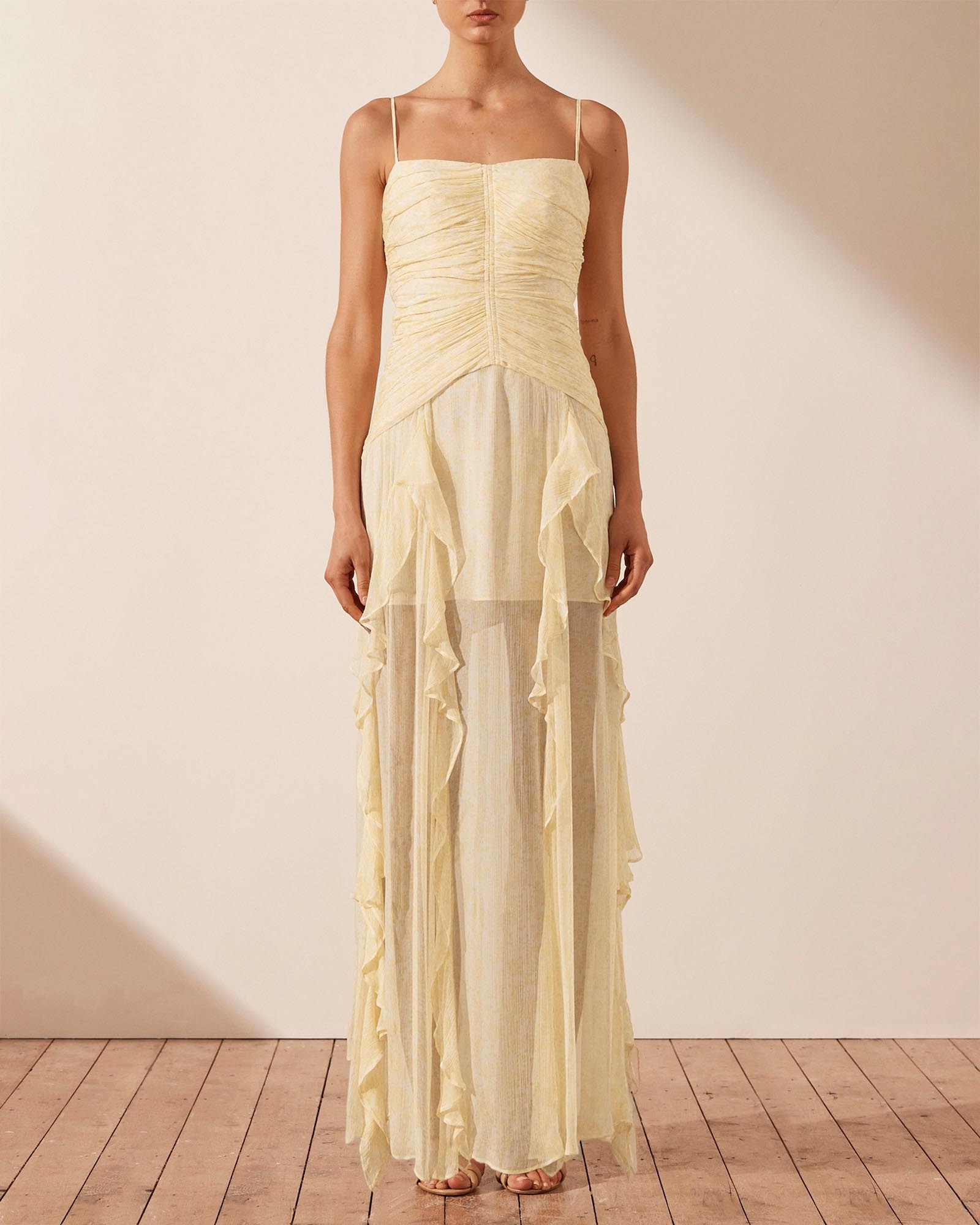 shona joy gina ruched frill maxi dress Shona Joy Gina Ruched Frill Maxi