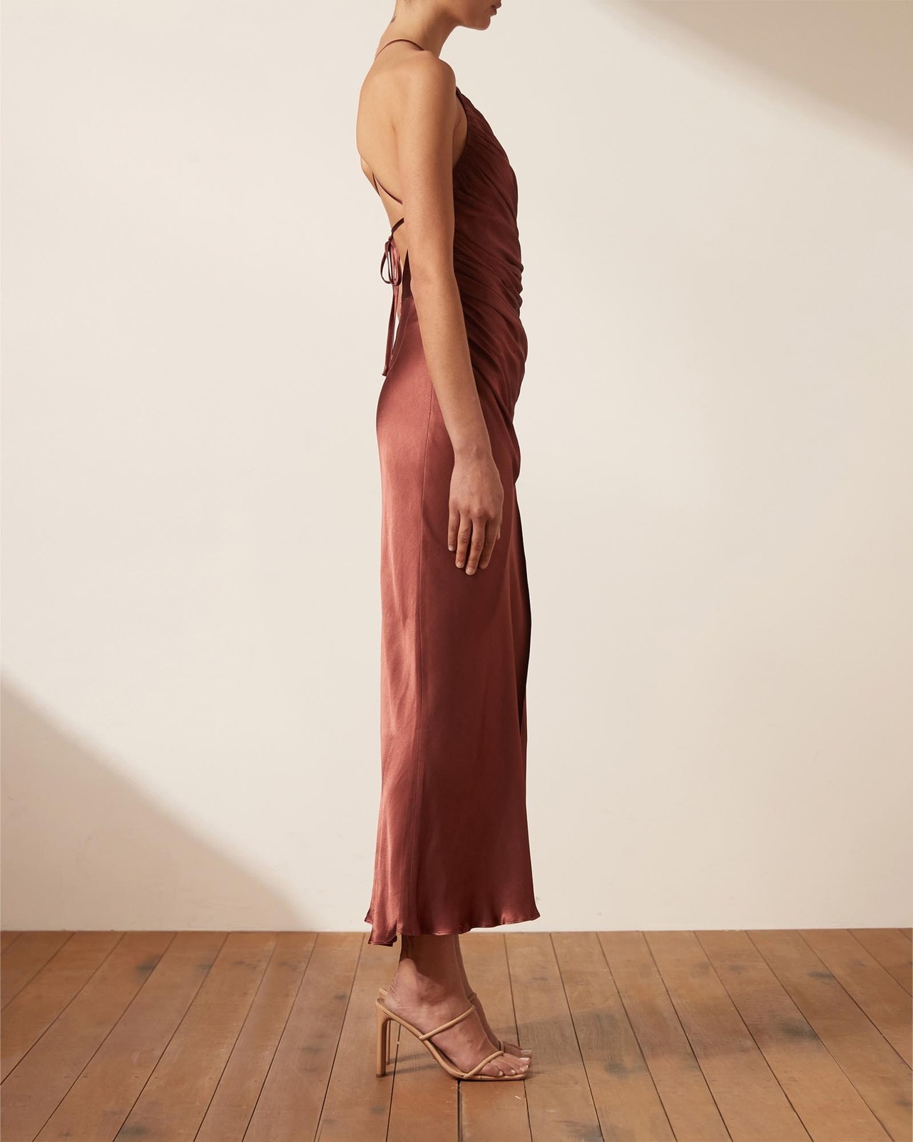 Thalia Gathered Square Neck Bias Midi Dress