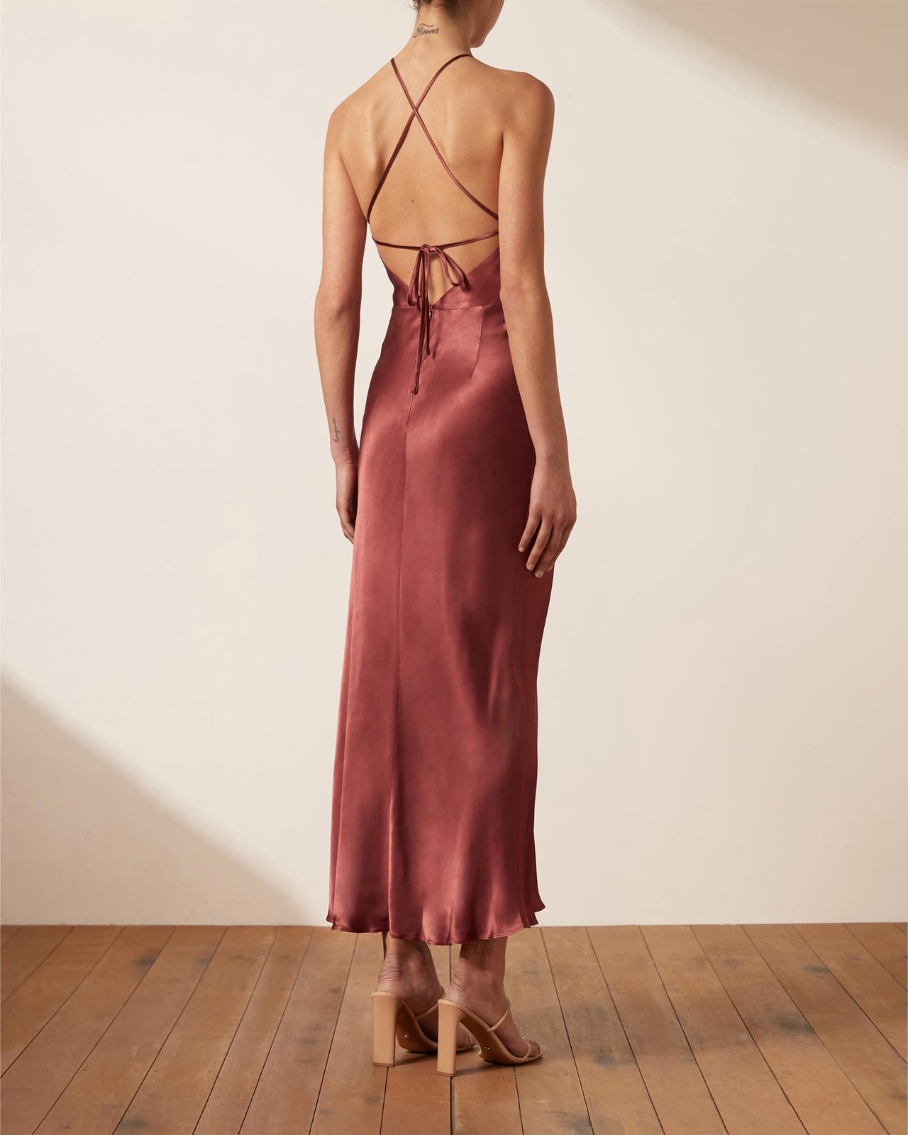 Thalia Gathered Square Neck Bias Midi Dress