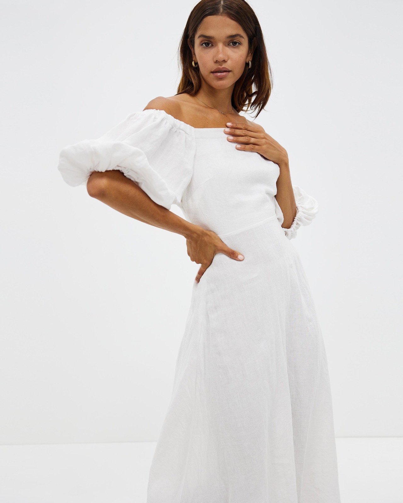 knee length dresses for ladies White 100% Cotton Midi Off-Shoulder Dress 54