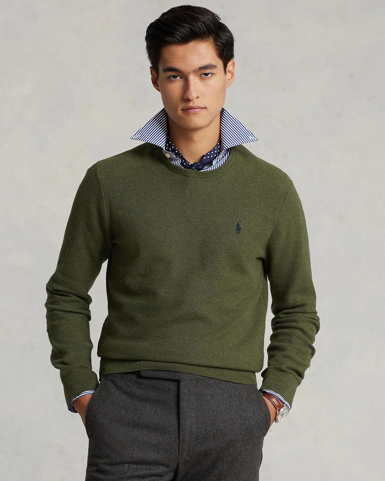Mesh-Knit Cotton Crewneck Sweater
