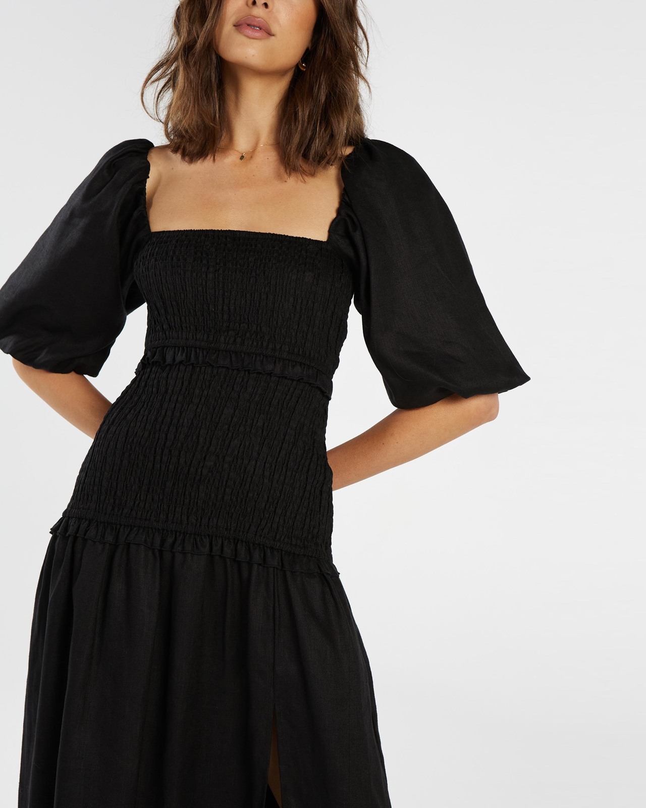 Shirred Linen Puff Sleeve Midi Dress