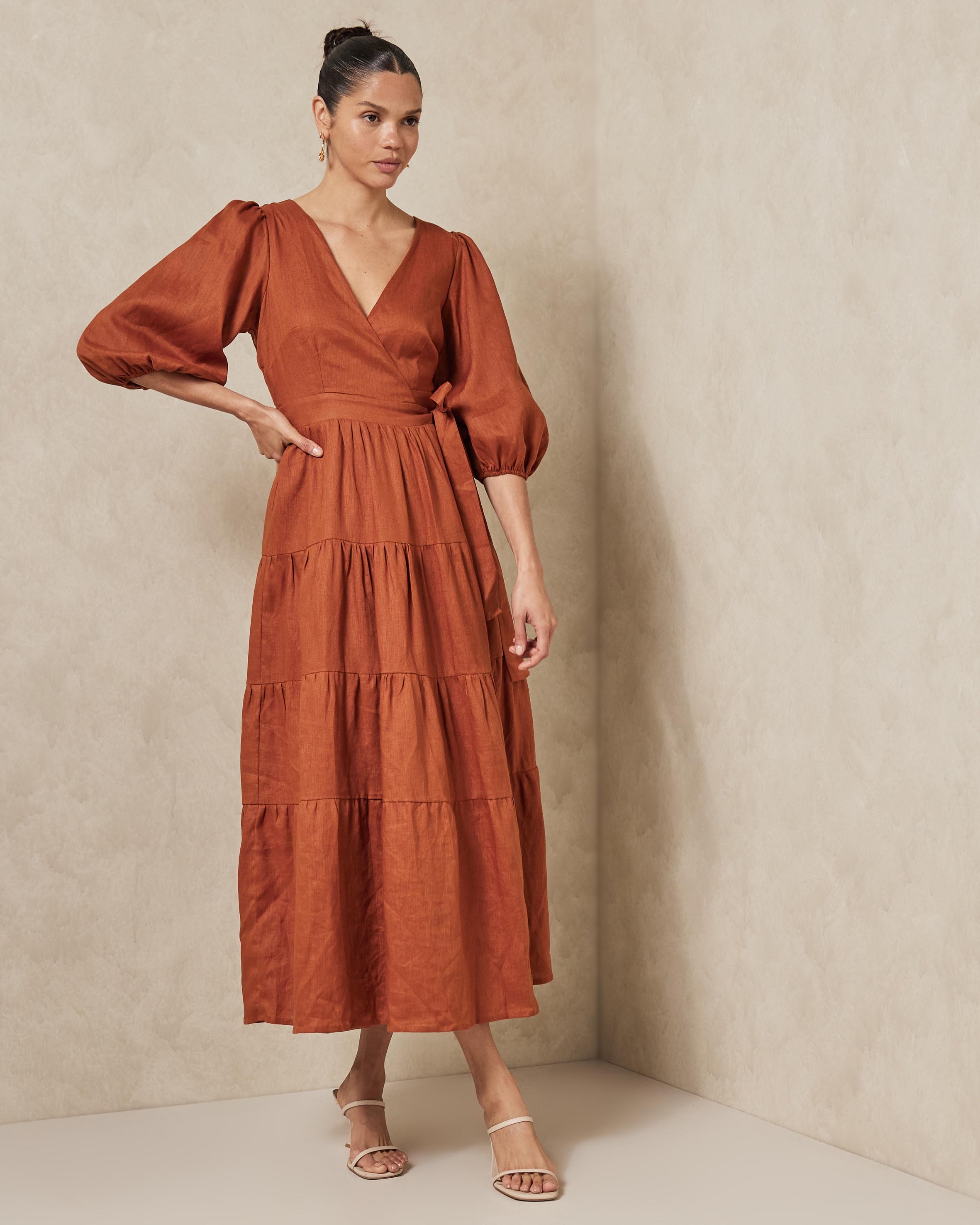 AERE Tiered Linen Wrap Dress - AirRobe AERE Tiered Linen Wrap Dress - AirRobe
